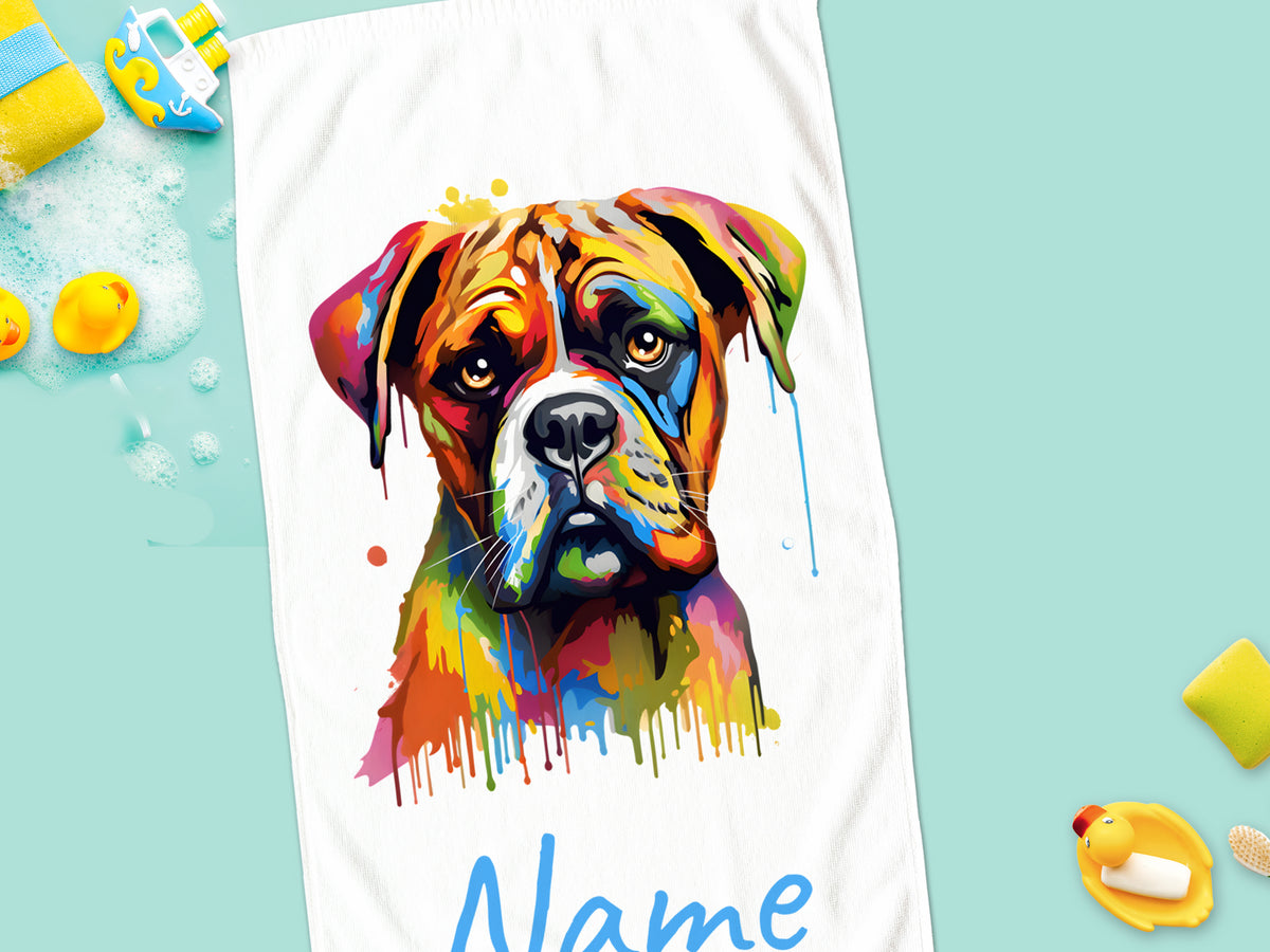 Buntes Handtuch mit Boxer-Hund und personalisiertem Namen.