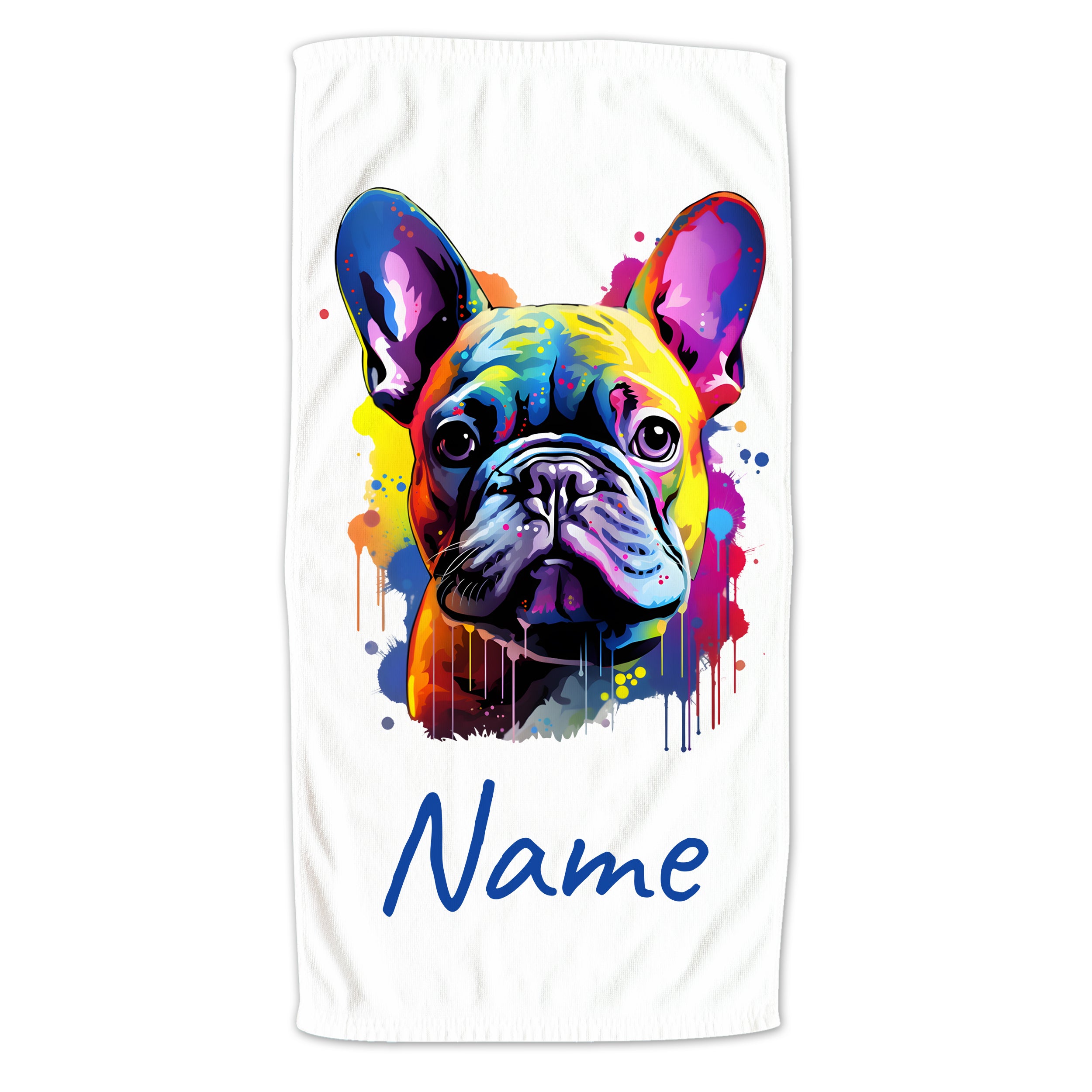 Buntes Handtuch mit französischer Bulldogge und Name.