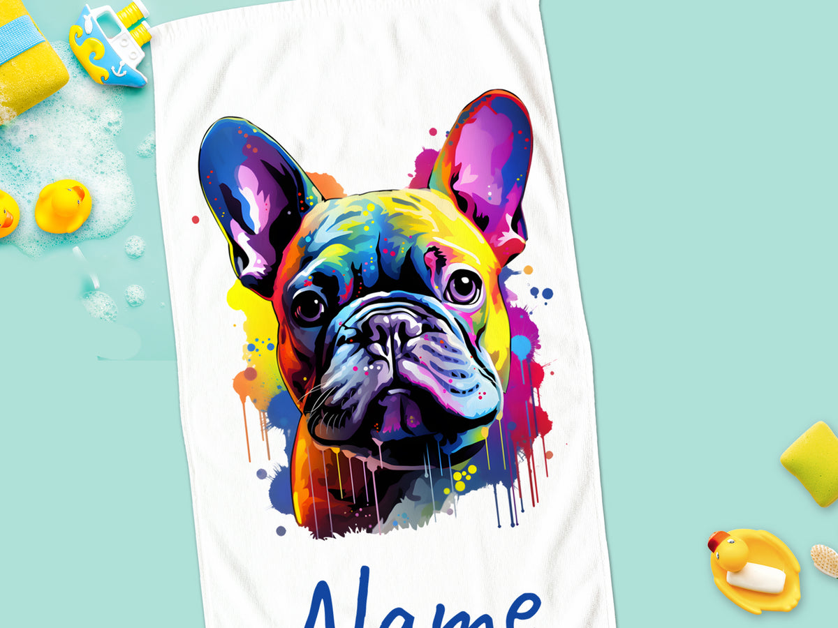 Buntes Handtuch mit französischer Bulldogge und Namen.