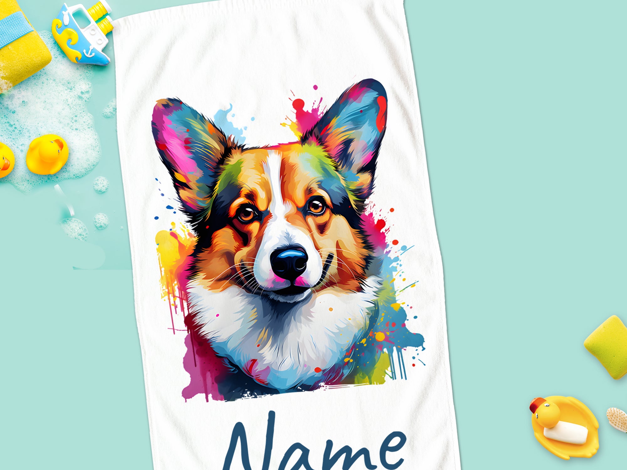 Buntes Handtuch mit Corgi-Motiv und Platz für Namen.
