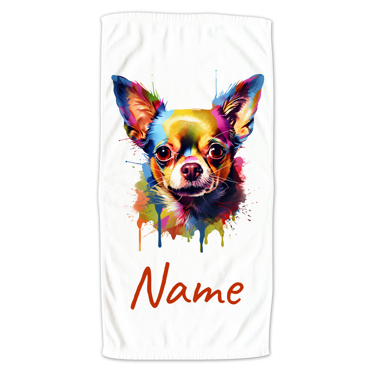 Buntes Handtuch mit Chihuahua-Motiv und personalisierbarem Namen.