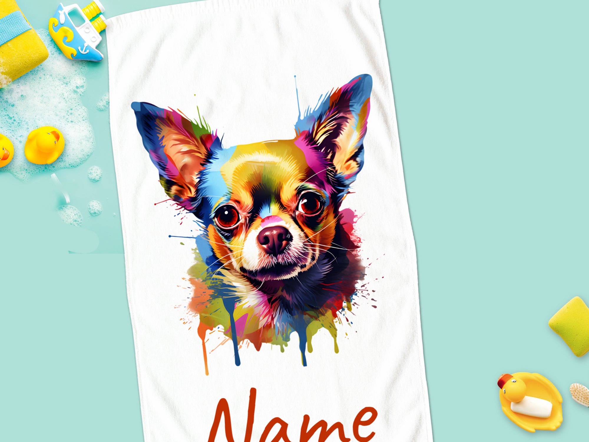 Buntes Handtuch mit Chihuahua-Motiv und personalisiertem Namen.