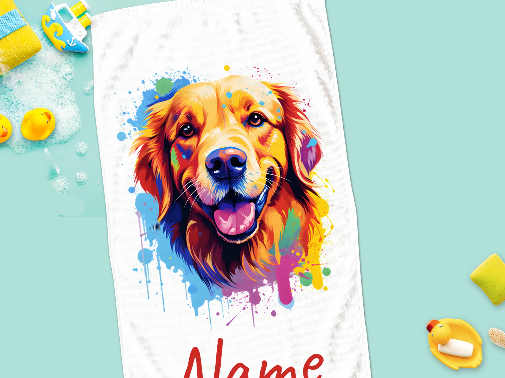 Buntes Handtuch mit goldenem Retriever und personalisiertem Namen.
