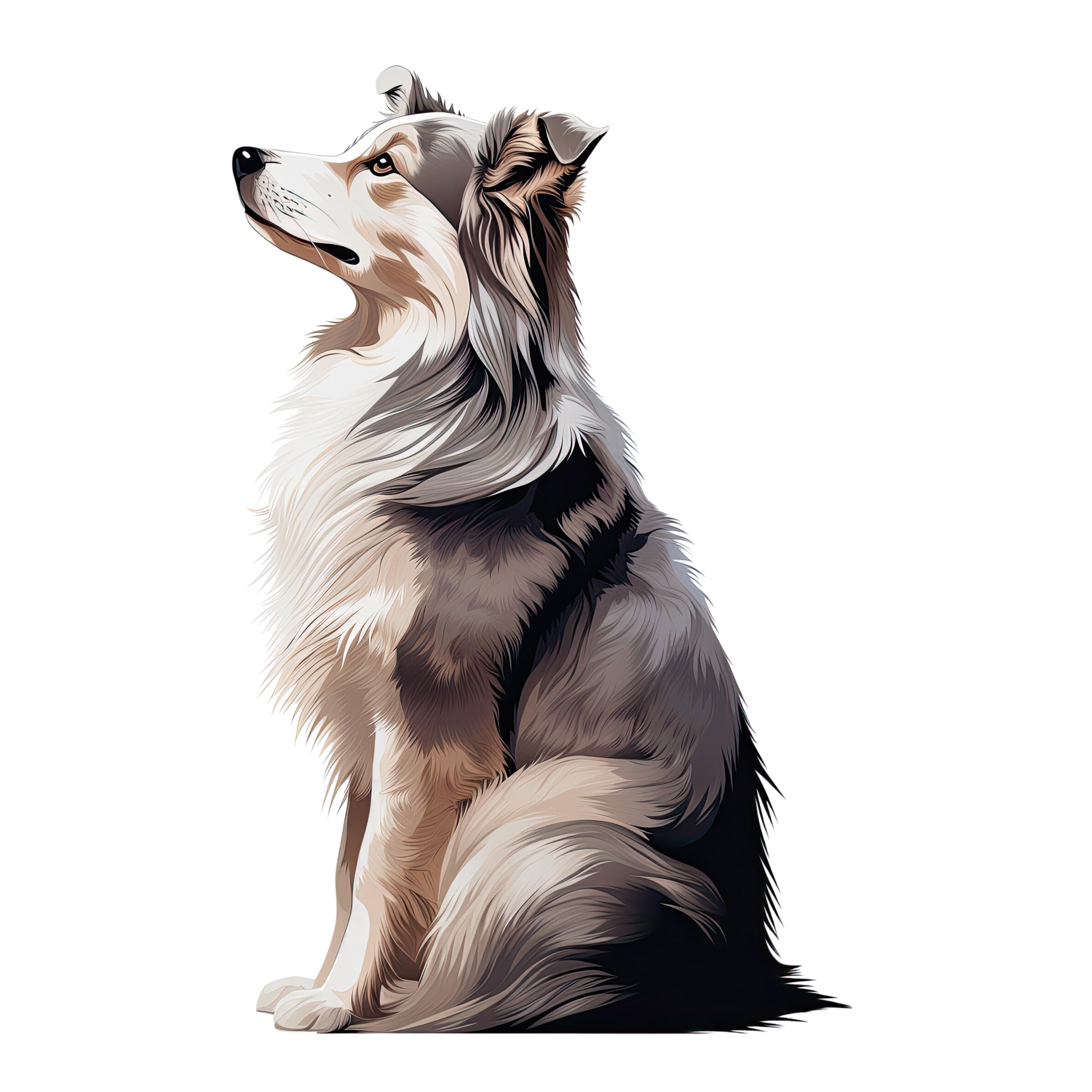 Sitzender, grauer Hund mit langem, flauschigem Fell.