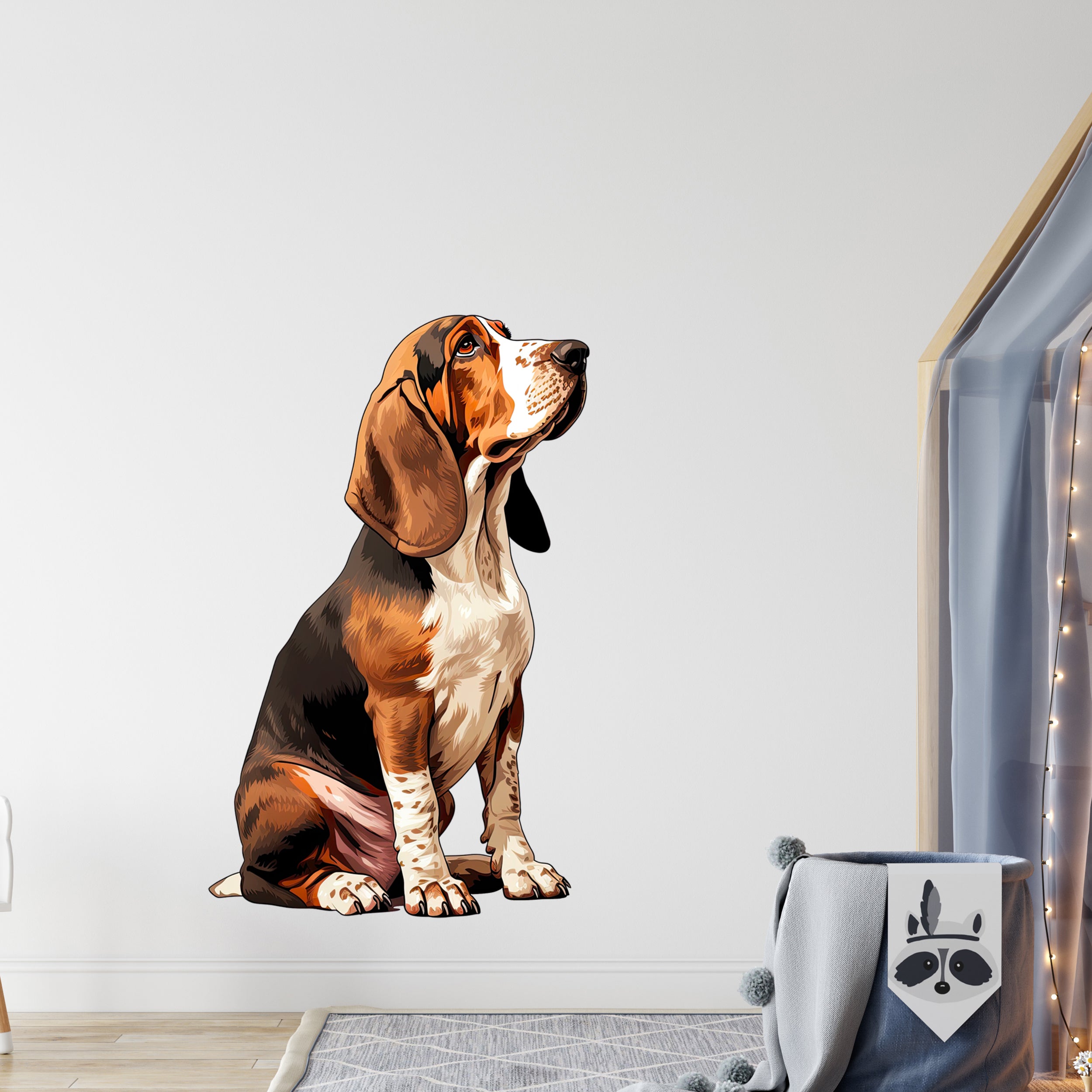 Basset Hound Wandtattoo in Braun und Weiß.