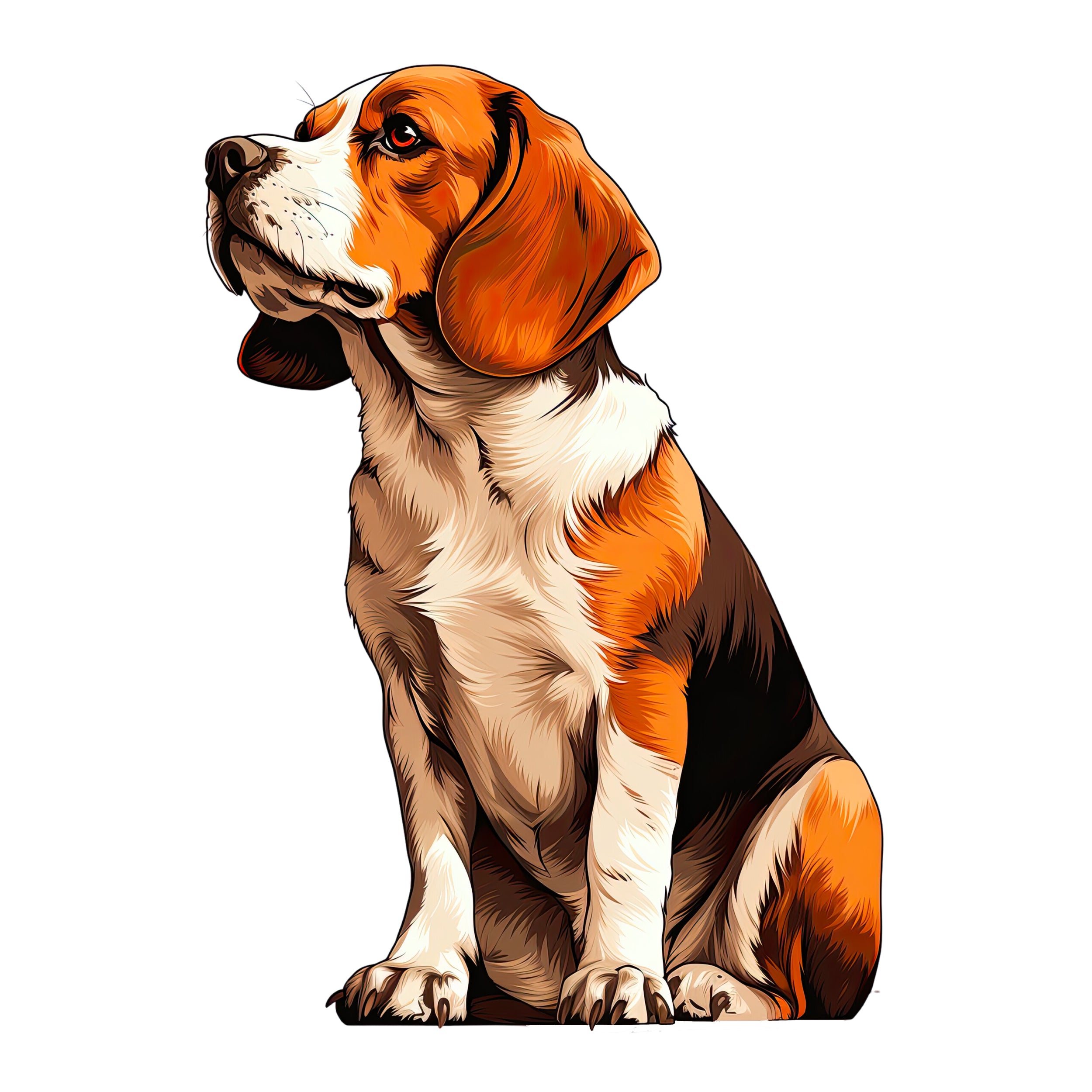 Beagle mit orange-braunem Fell, sitzend und aufmerksam.