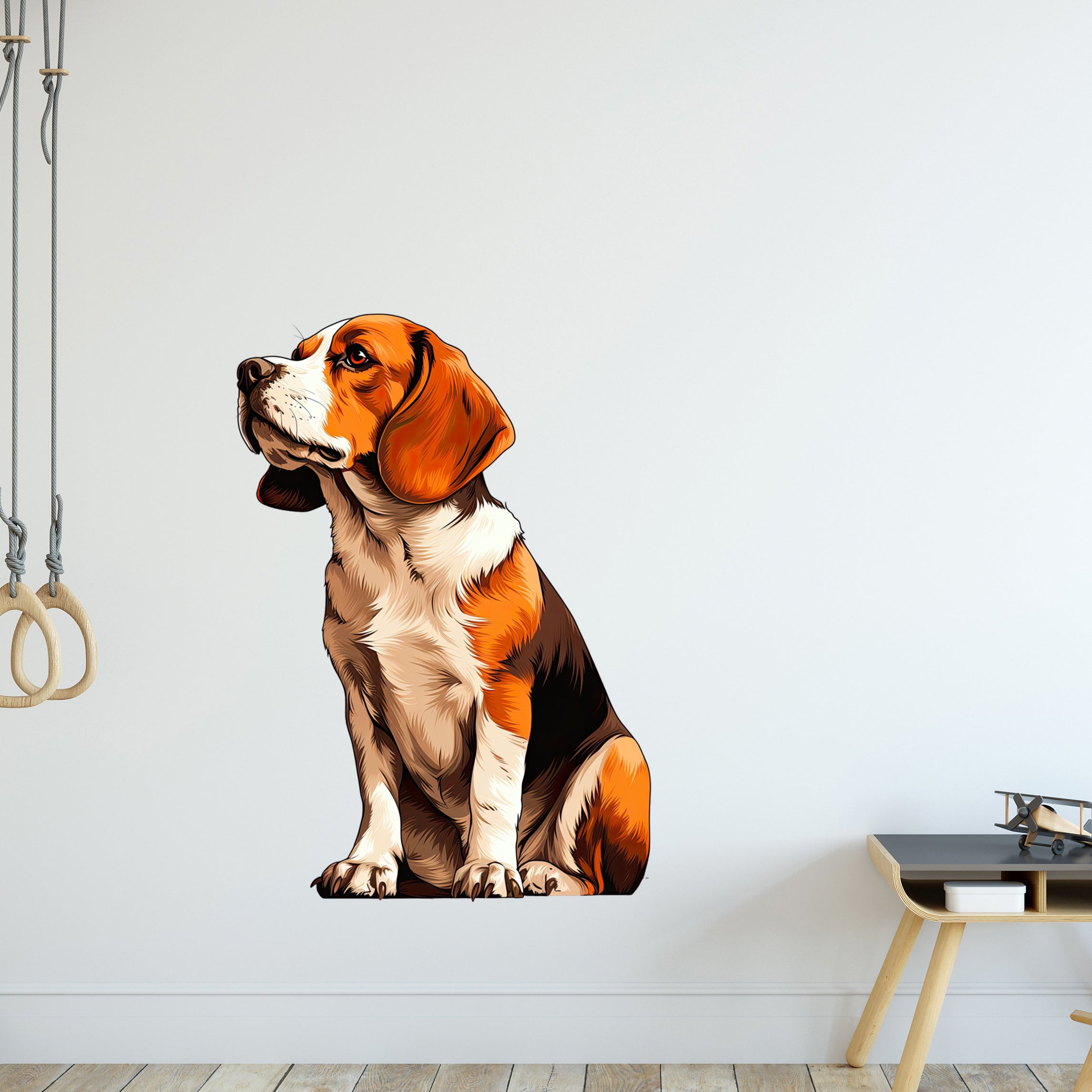 Beagle-Wandaufkleber in Braun- und Weißtönen.