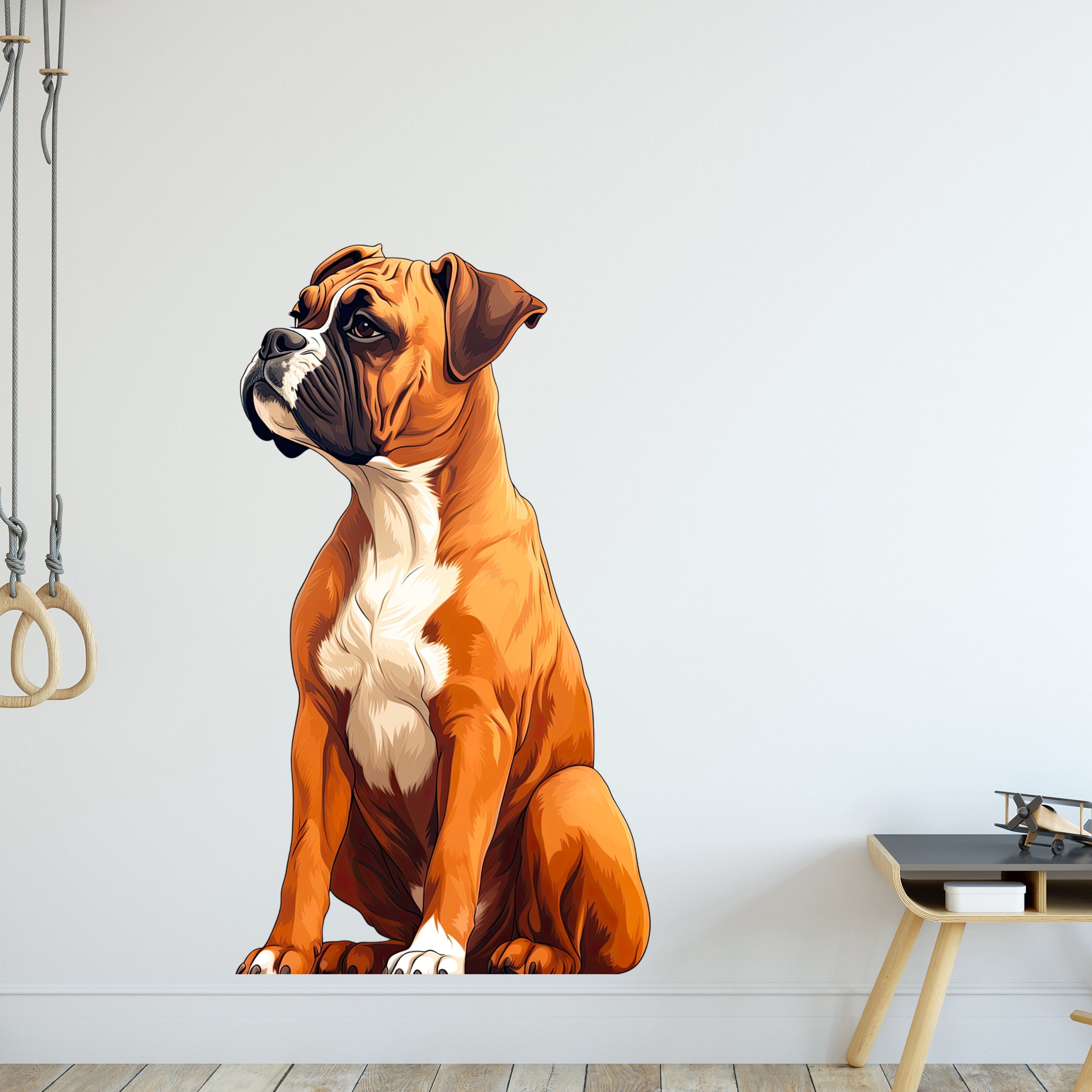 Brauner Boxer-Hund als Wandtattoo, sitzend, detailreich.