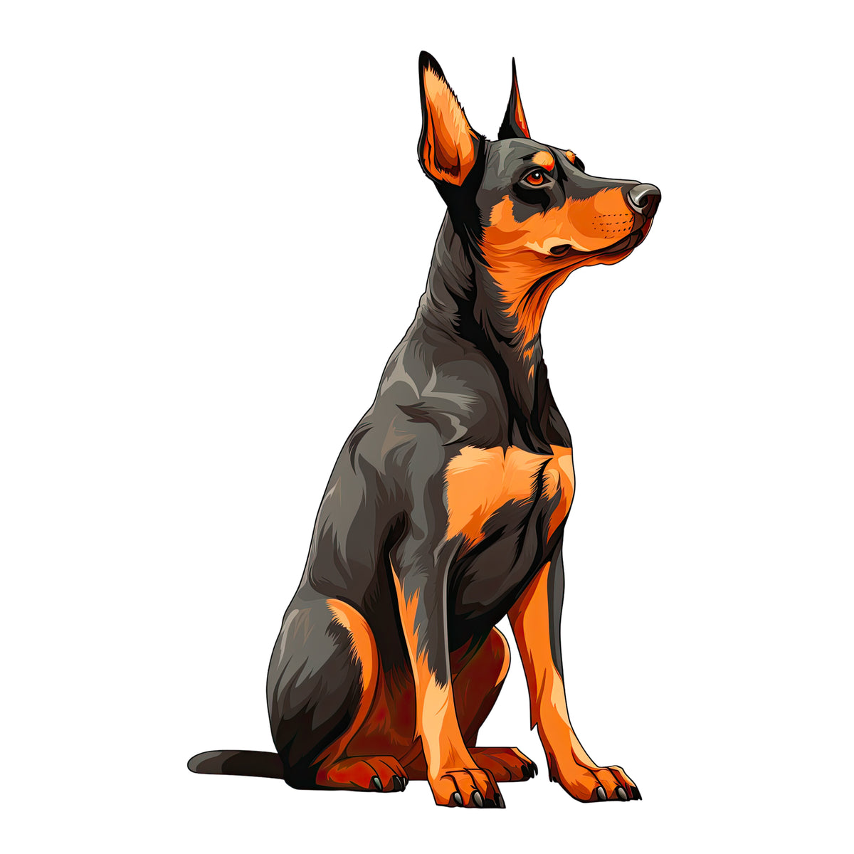 Sitzender Hund in Schwarz und Braun, aufmerksam und stolz.