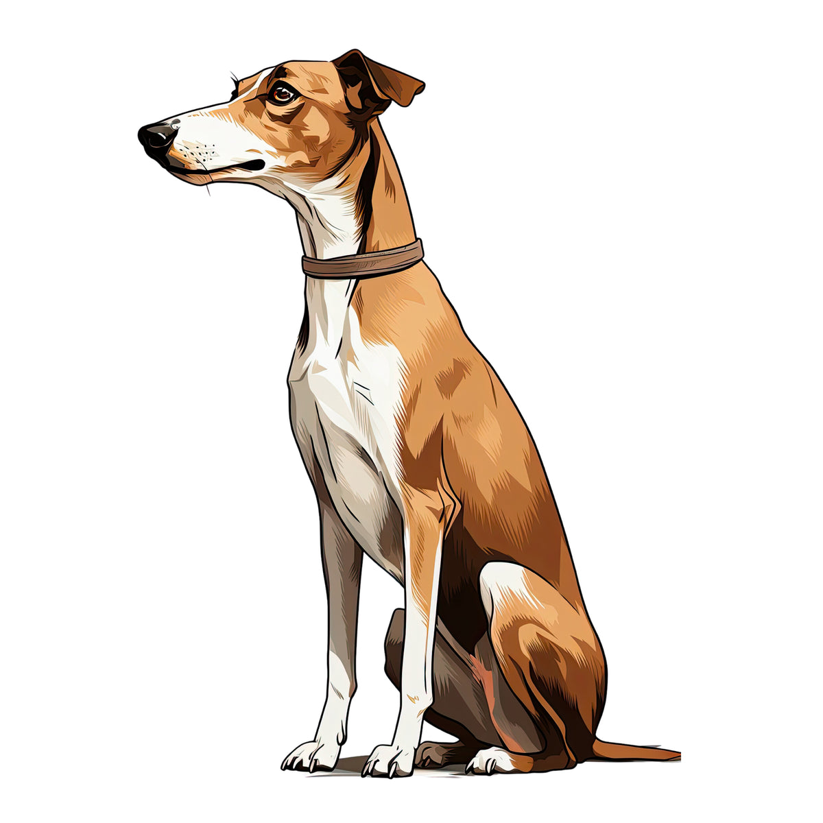 Brauner Hund mit weißer Brust und Halsband.