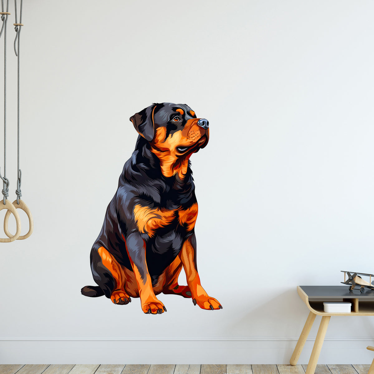 Rottweiler in schwarz-orange sitzend, Wanddekoration.