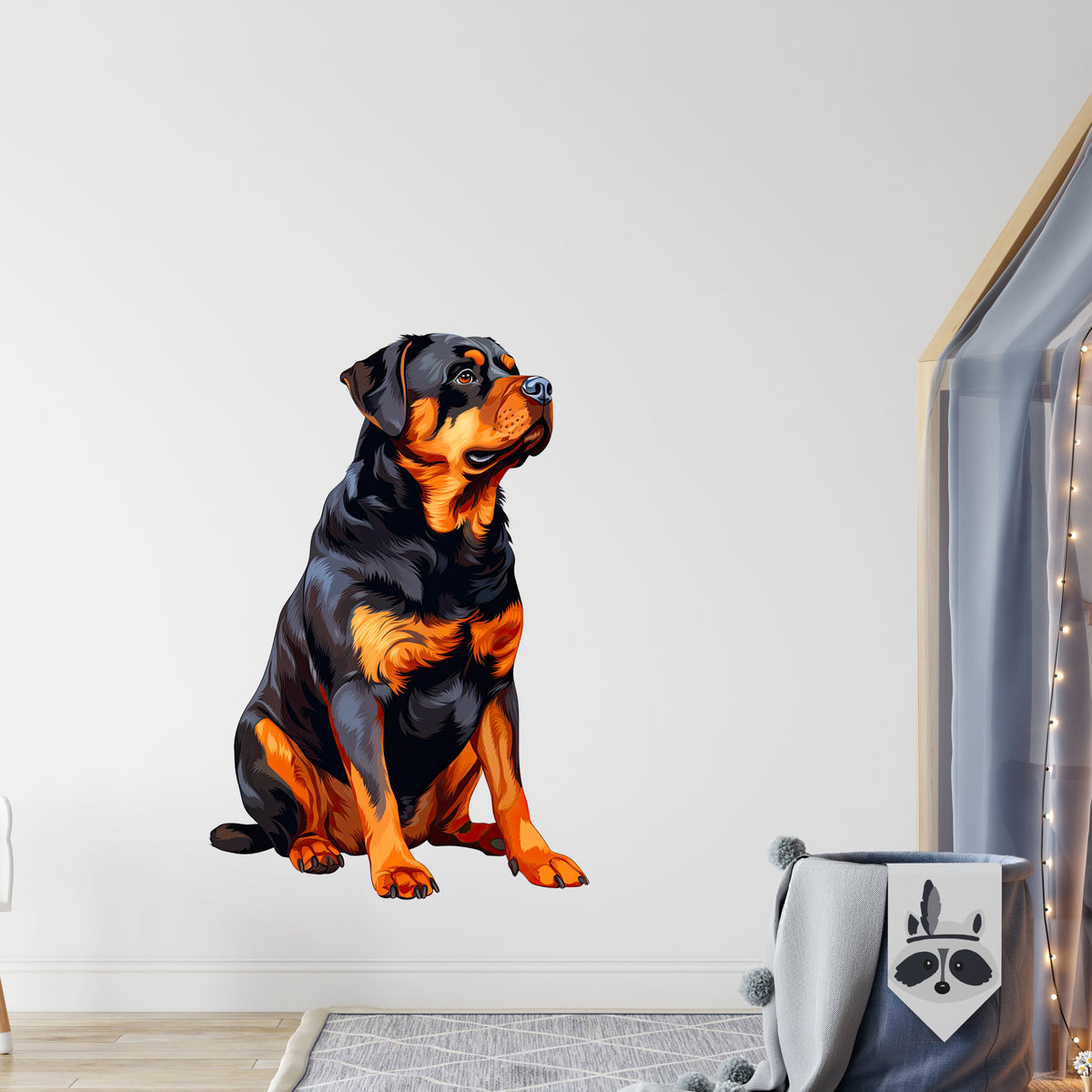Sitzender Rottweiler in Schwarz und Braun, dekorativer Wandaufkleber.