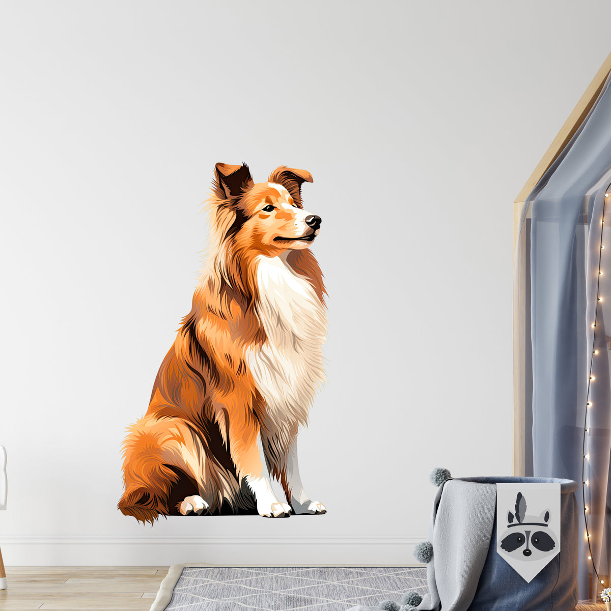 Shetland Sheepdog in braun-weißer Fellfarbe, sitzend.