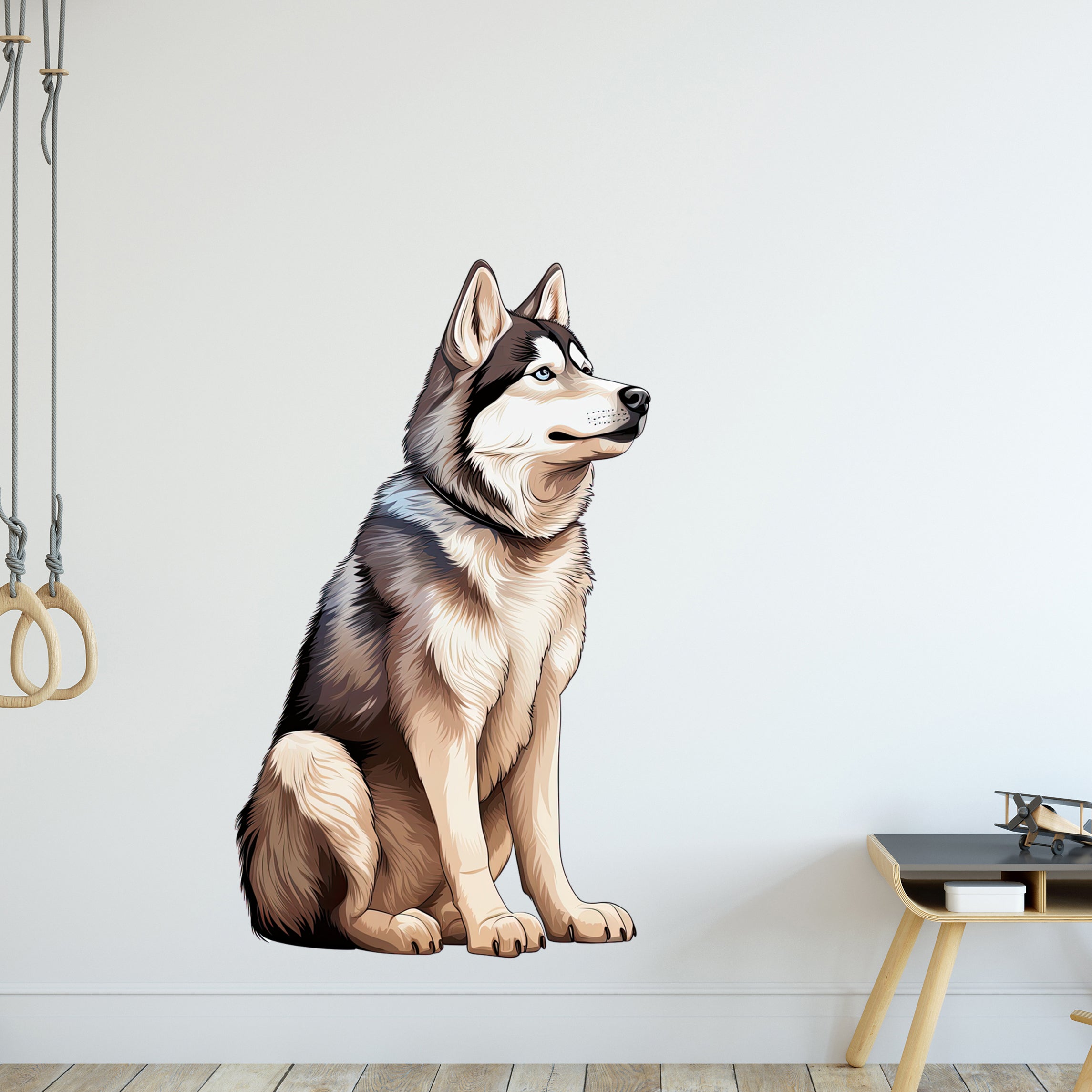 Sitzender, grauer und brauner Husky-Wandaufkleber.