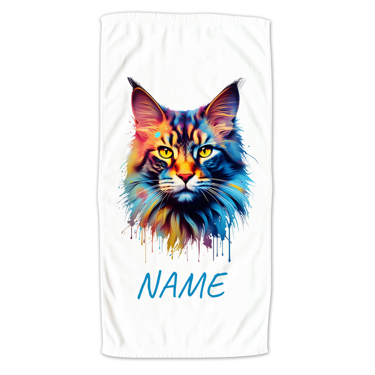 Buntes Handtuch mit Maine Coon Katze und personalisierbarem Namen.
