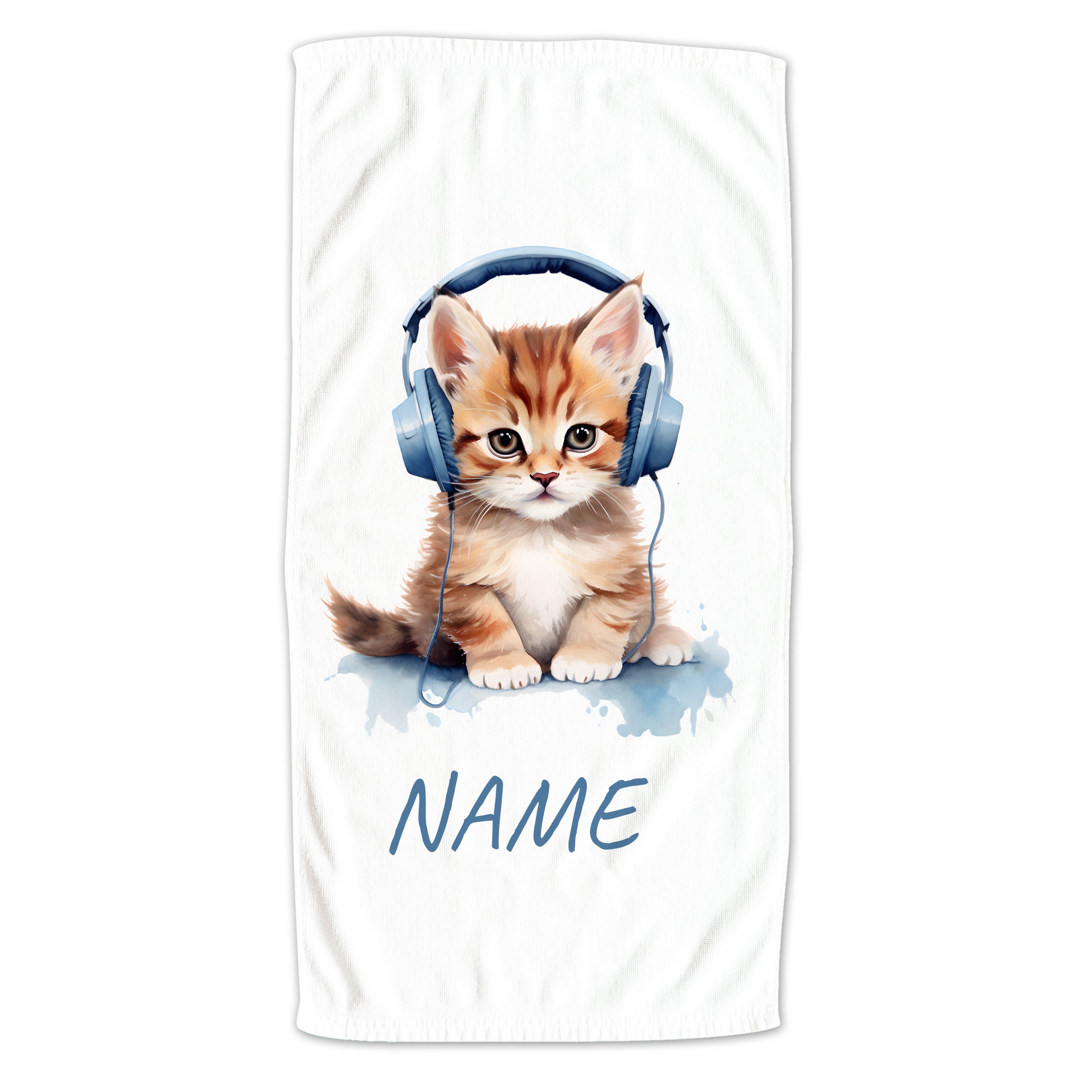 Katze mit Kopfhörern, orangefarben, personalisierbar mit Namen.