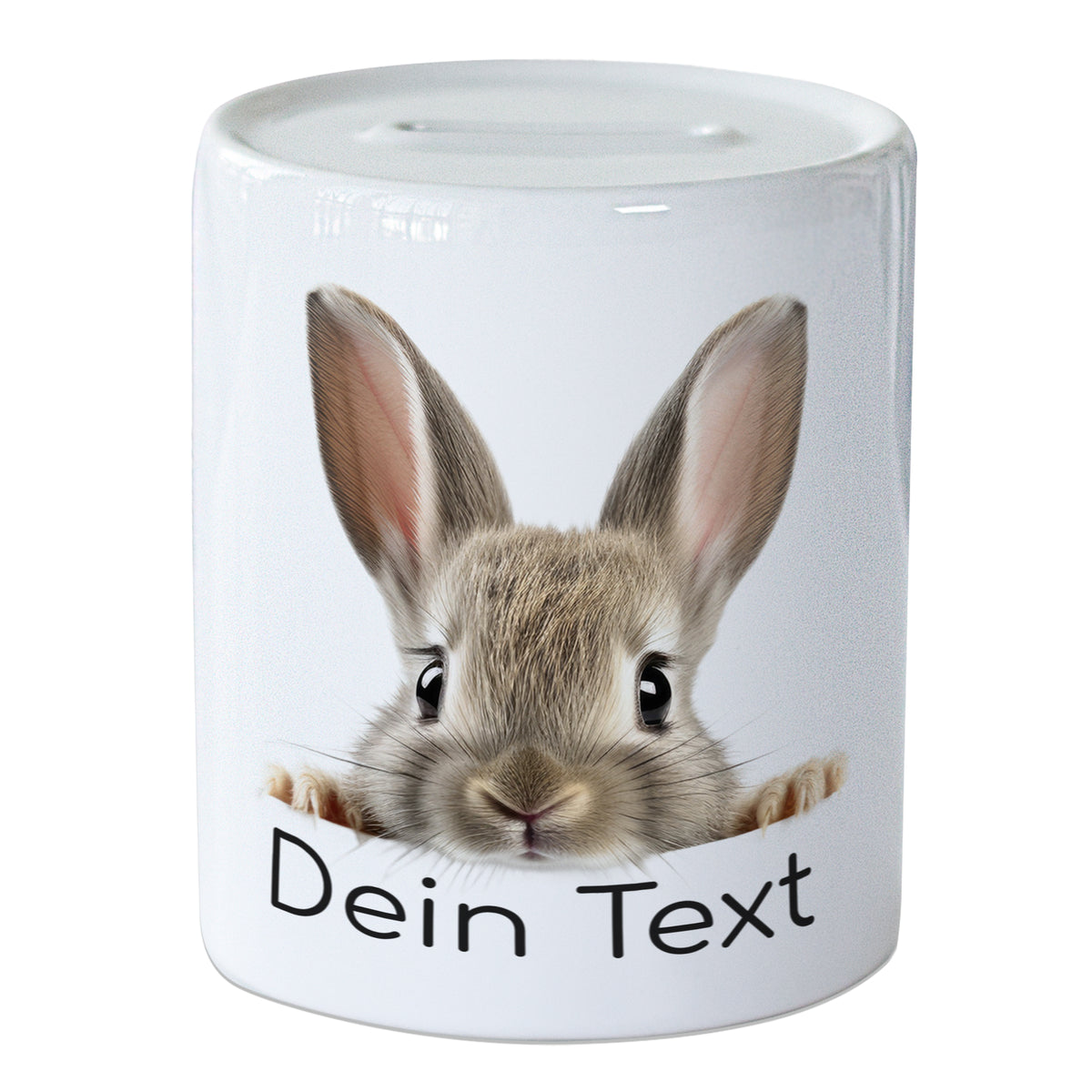 Weißer Keramikbecher mit niedlichem Hasenmotiv und Text.