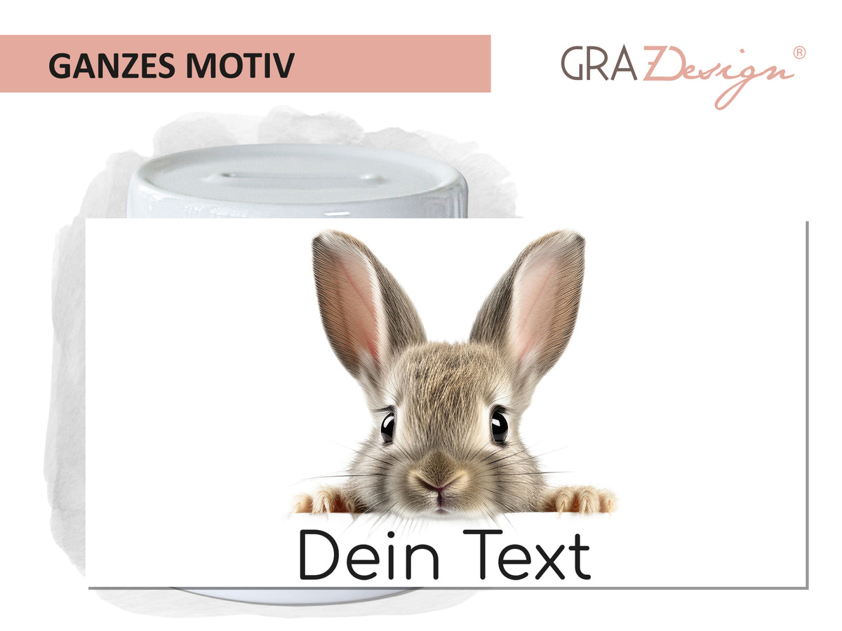 Kaffeetasse mit niedlichem Hasenmotiv und personalisierbarem Text.