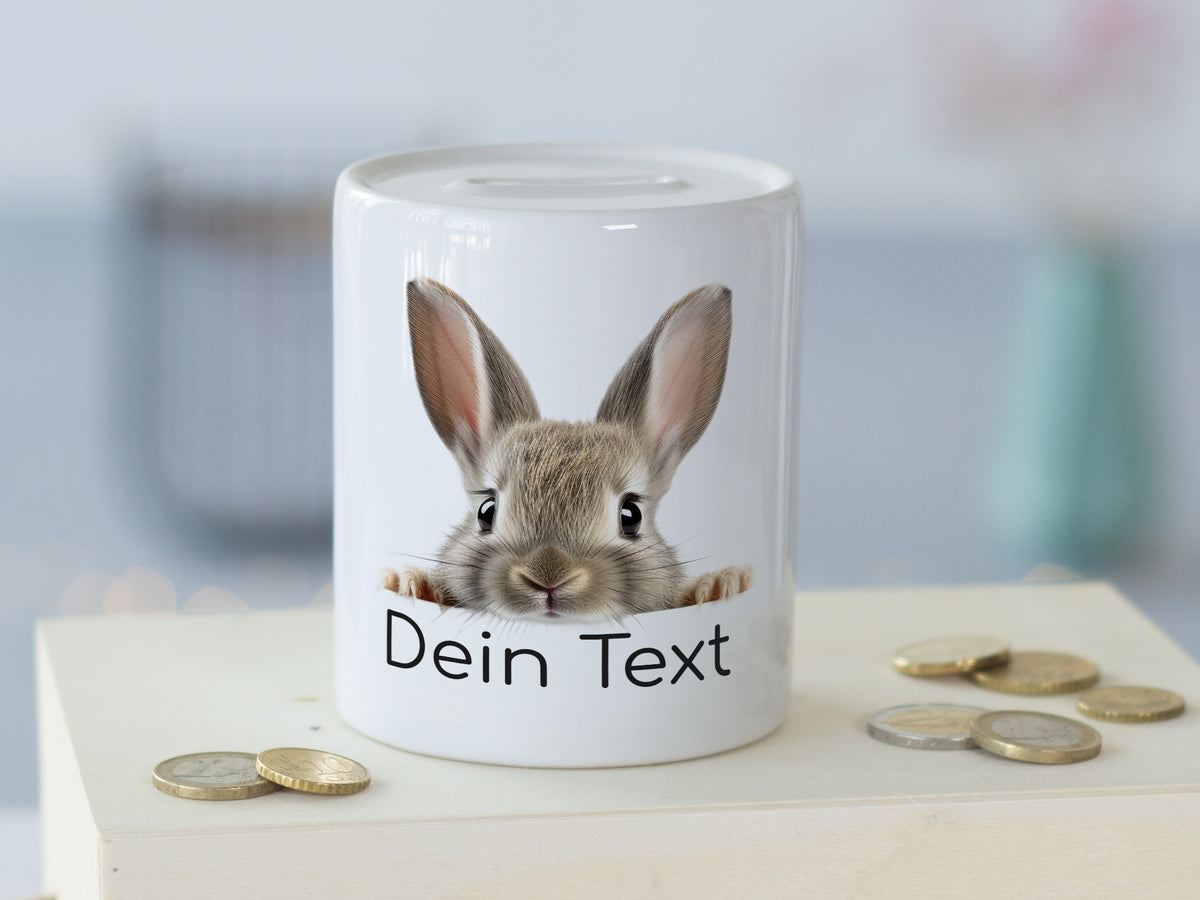 Sparschwein mit Kaninchenmotiv und individuellem Text.