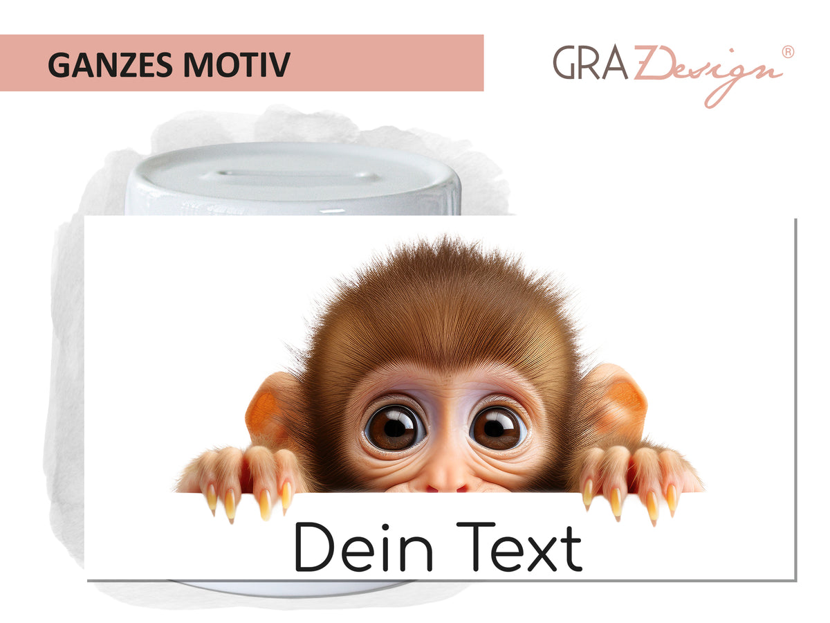 Affe mit großen Augen, personalisierbarer Text, helle Farben.