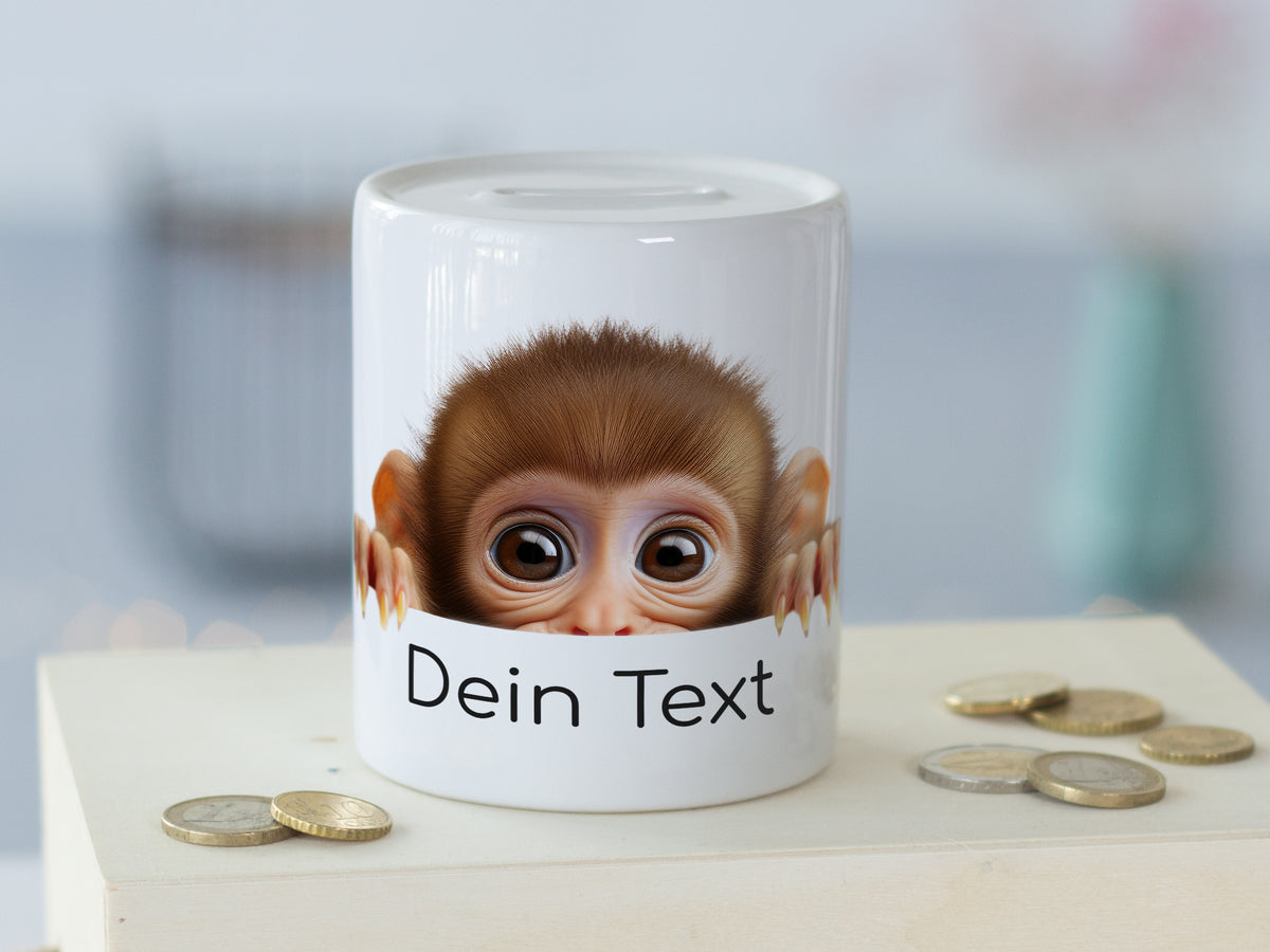 Sparschwein mit Affenmotiv und personalisierbarem Text.