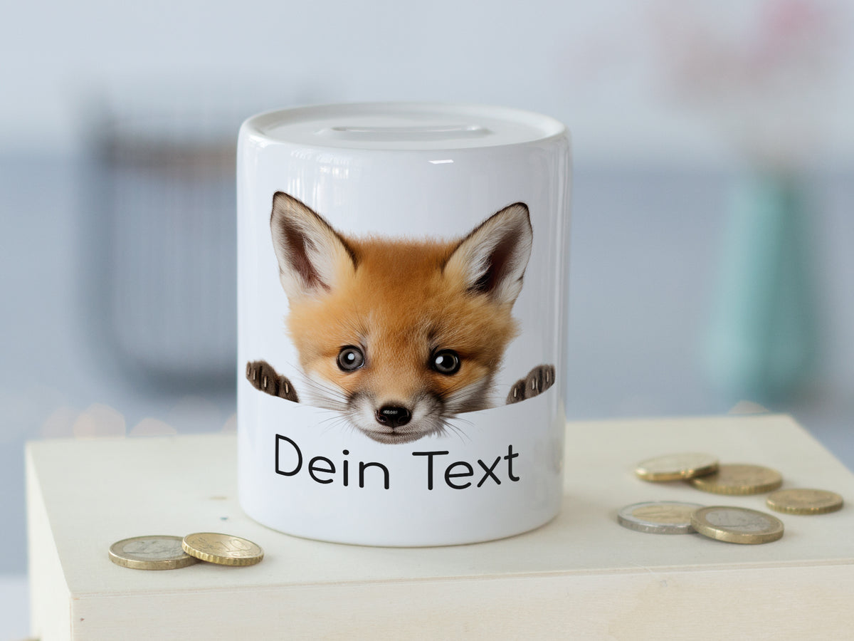 Sparschwein mit Fuchs-Motiv und personalisierbarem Text.