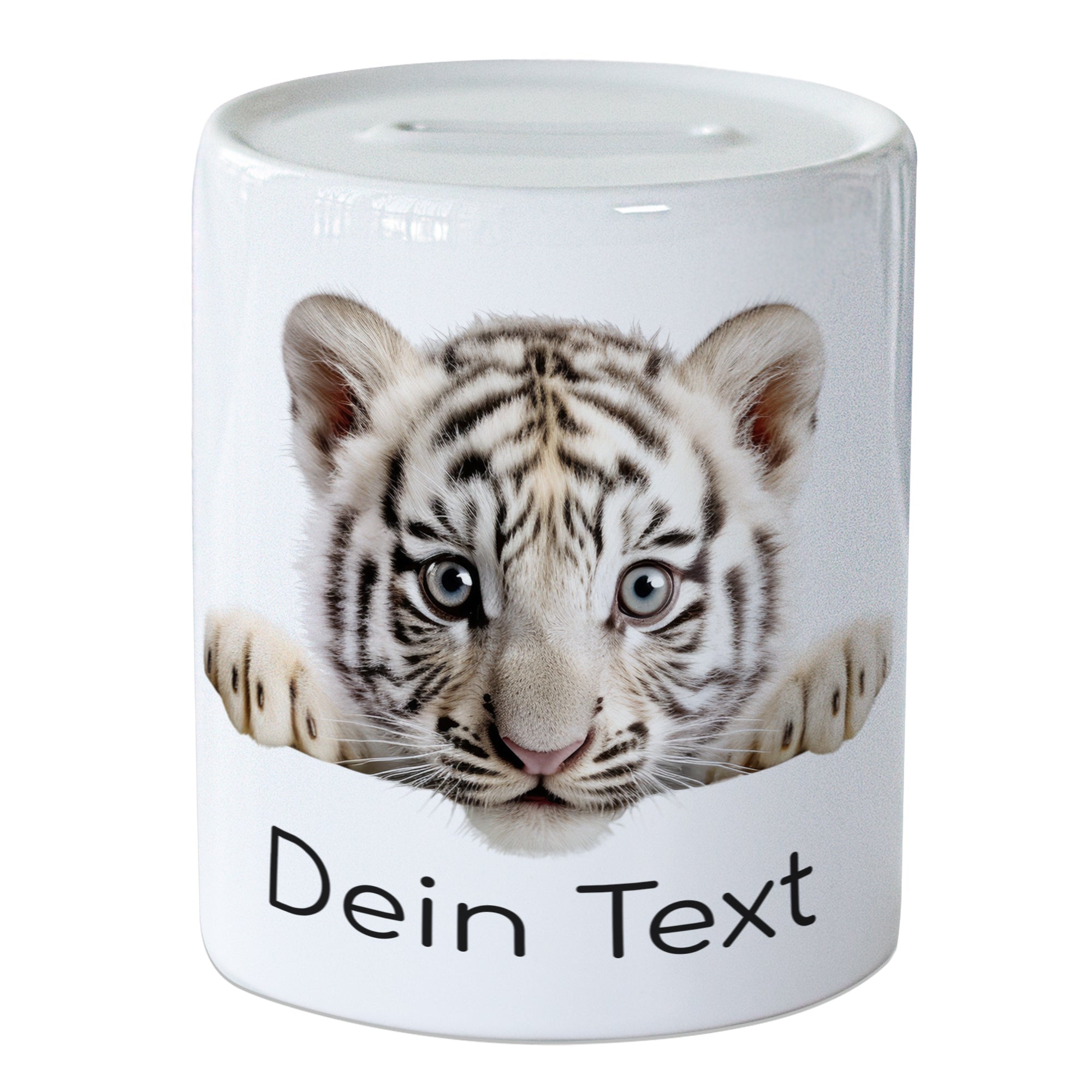 Weißer Tiger auf weißem Becher mit personalisiertem Text.