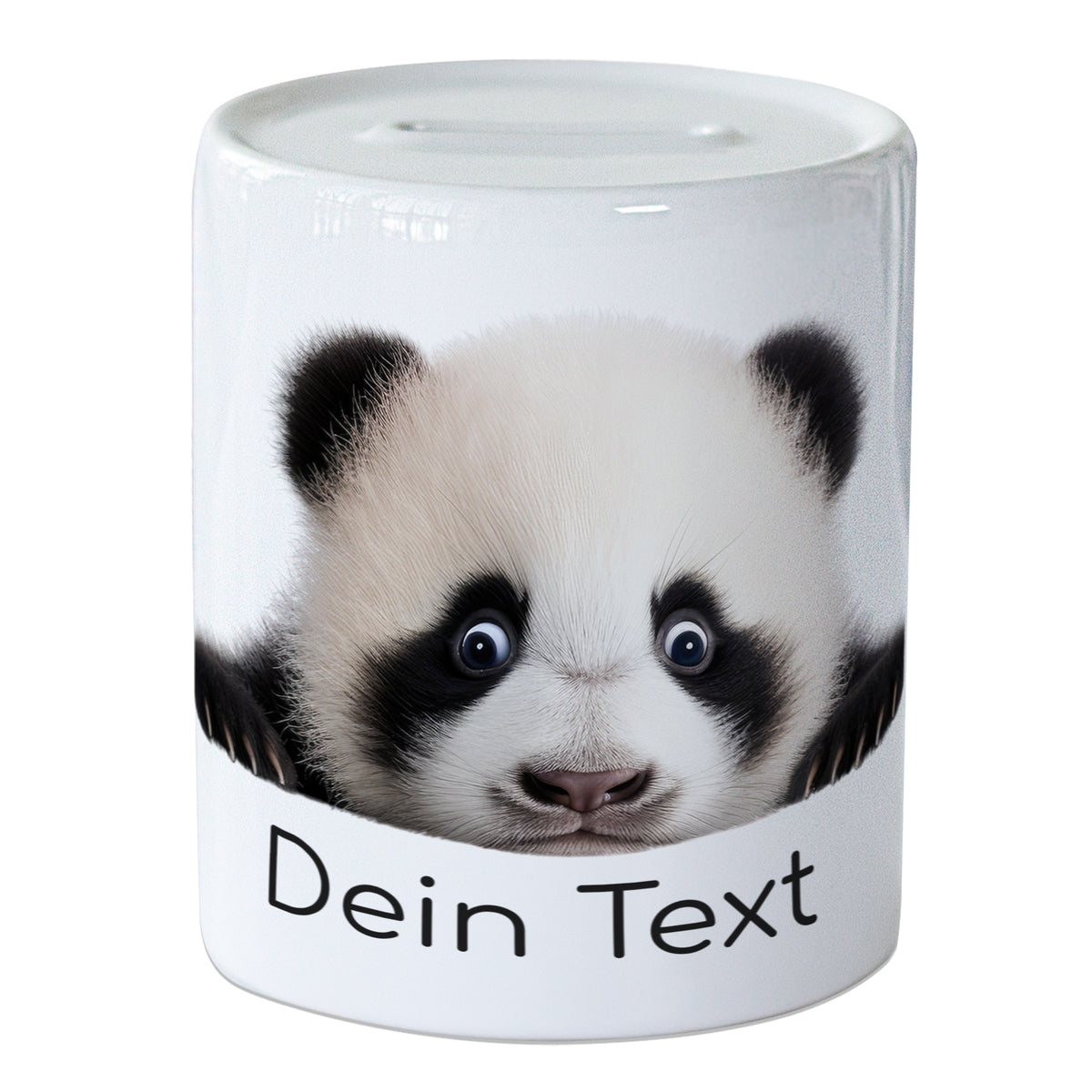 Panda-Motiv auf weißem Keramikbehälter mit Text.