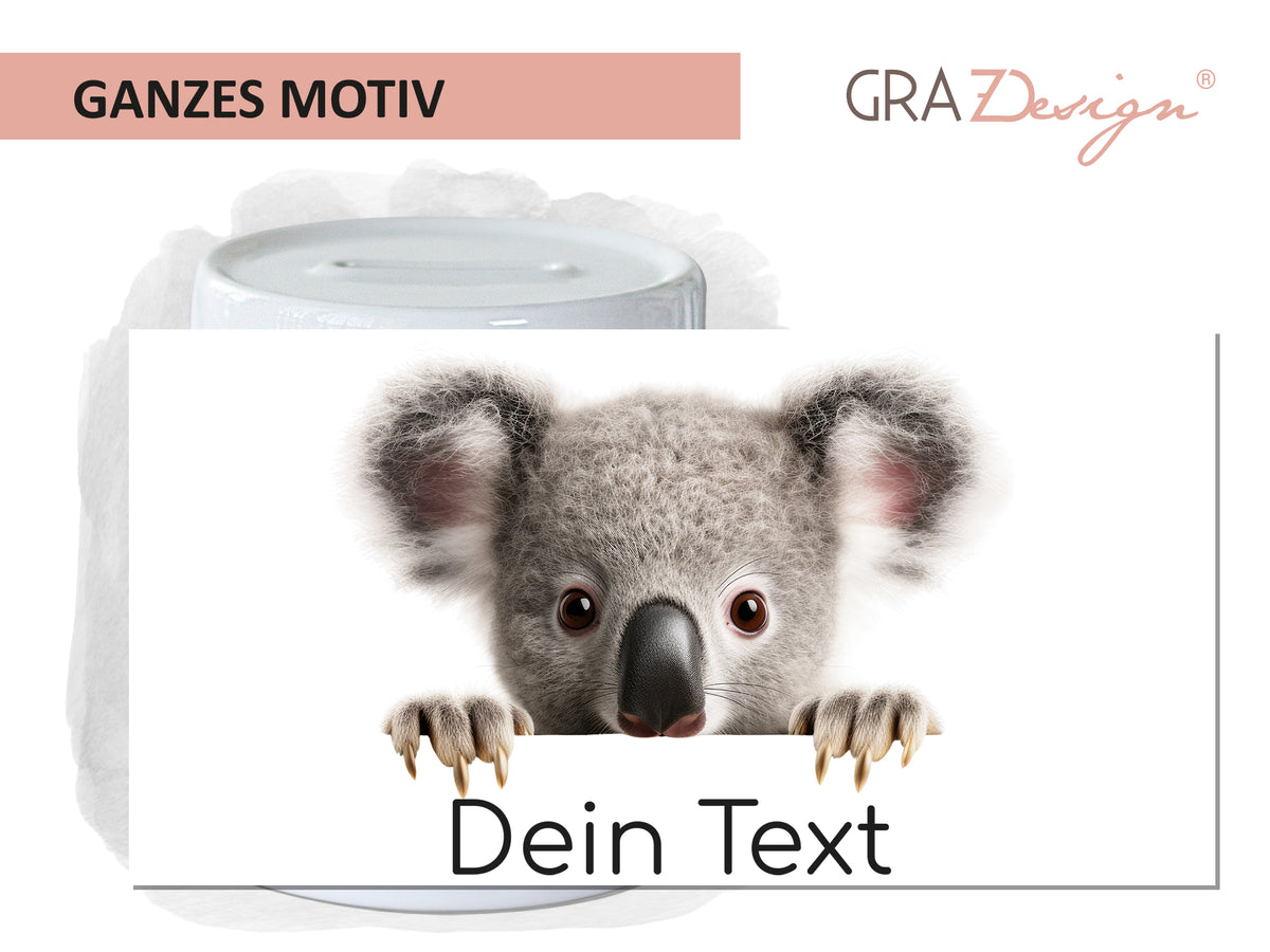 Koala mit Textfeld, grau und weißes Design.