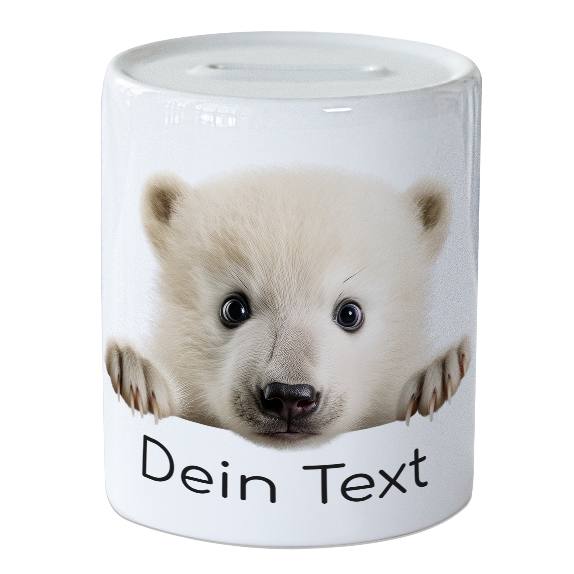 Weißer Teddybär mit Text auf Becher.