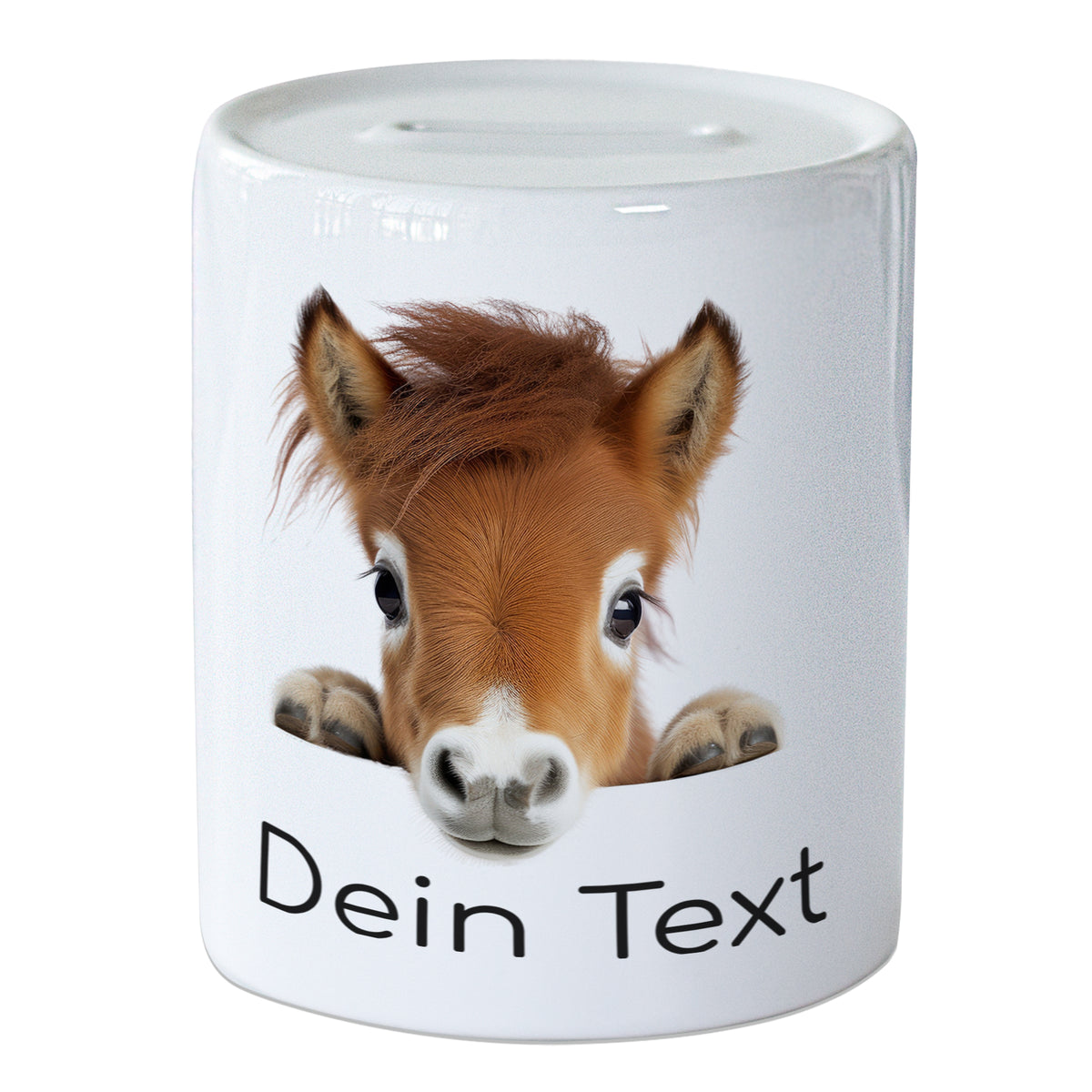 Weißer Becher mit Fohlenmotiv und Platz für Text.