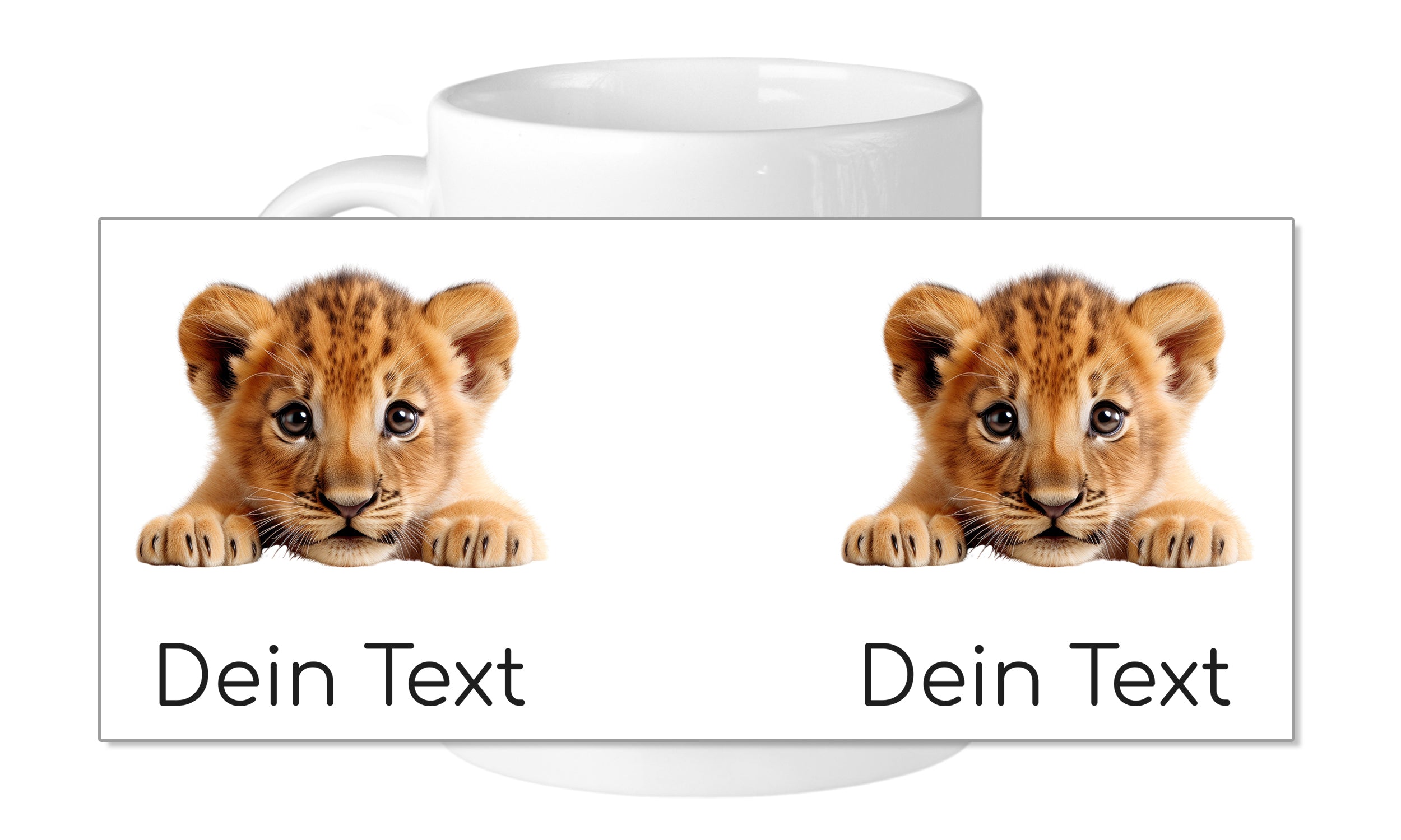 Tasse mit zwei Löwenbabys und beschreibendem Text.