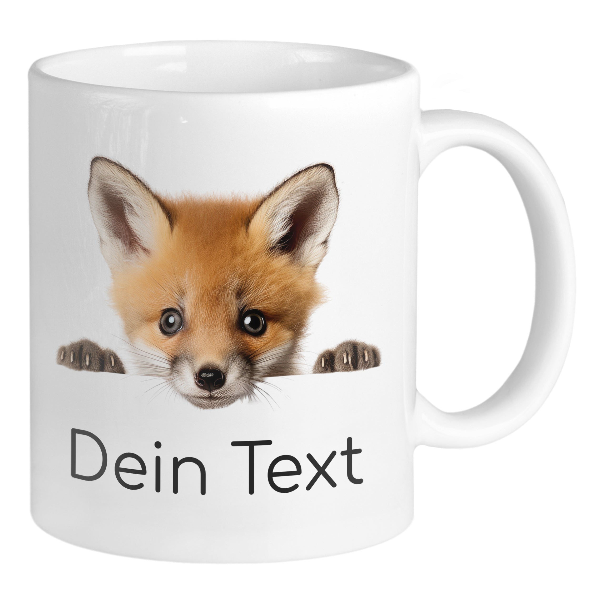 Tasse mit Fuchs-Motiv und personalisierbarem Text.