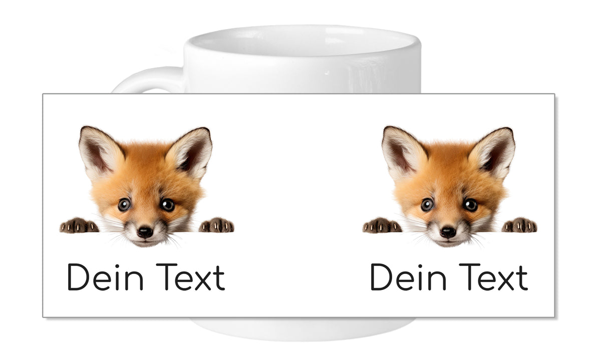 Kaffeetasse mit zwei Fuchs-Köpfen und Text.