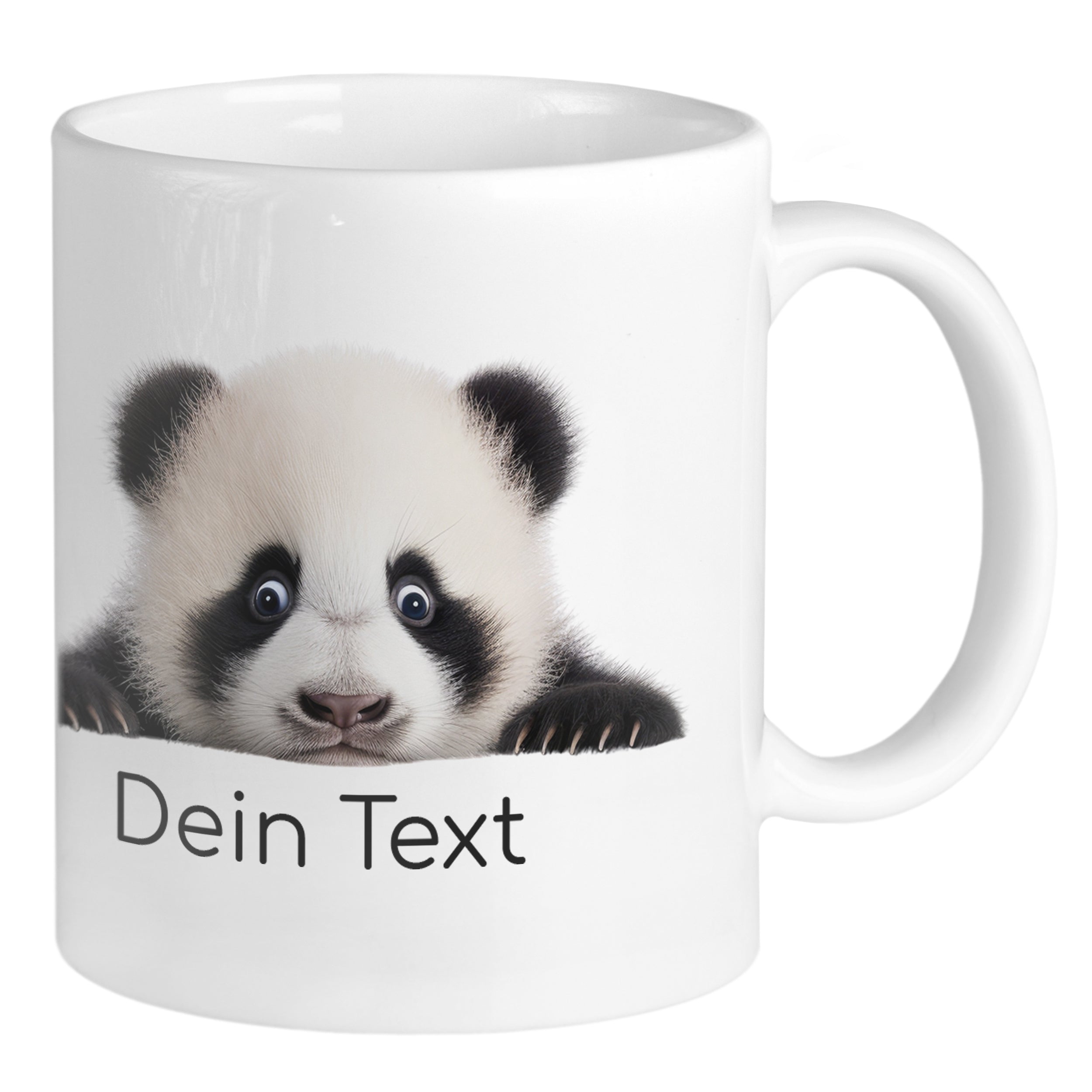 Weißer Becher mit Panda-Motiv und personalisierbarem Text.