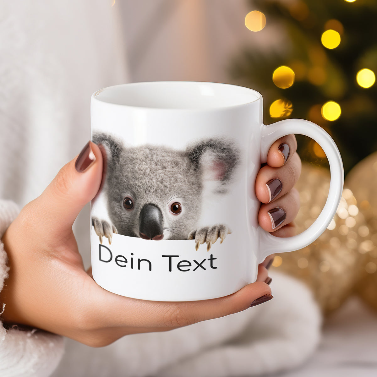 Weiße Tasse mit Koala und personalisiertem Text.