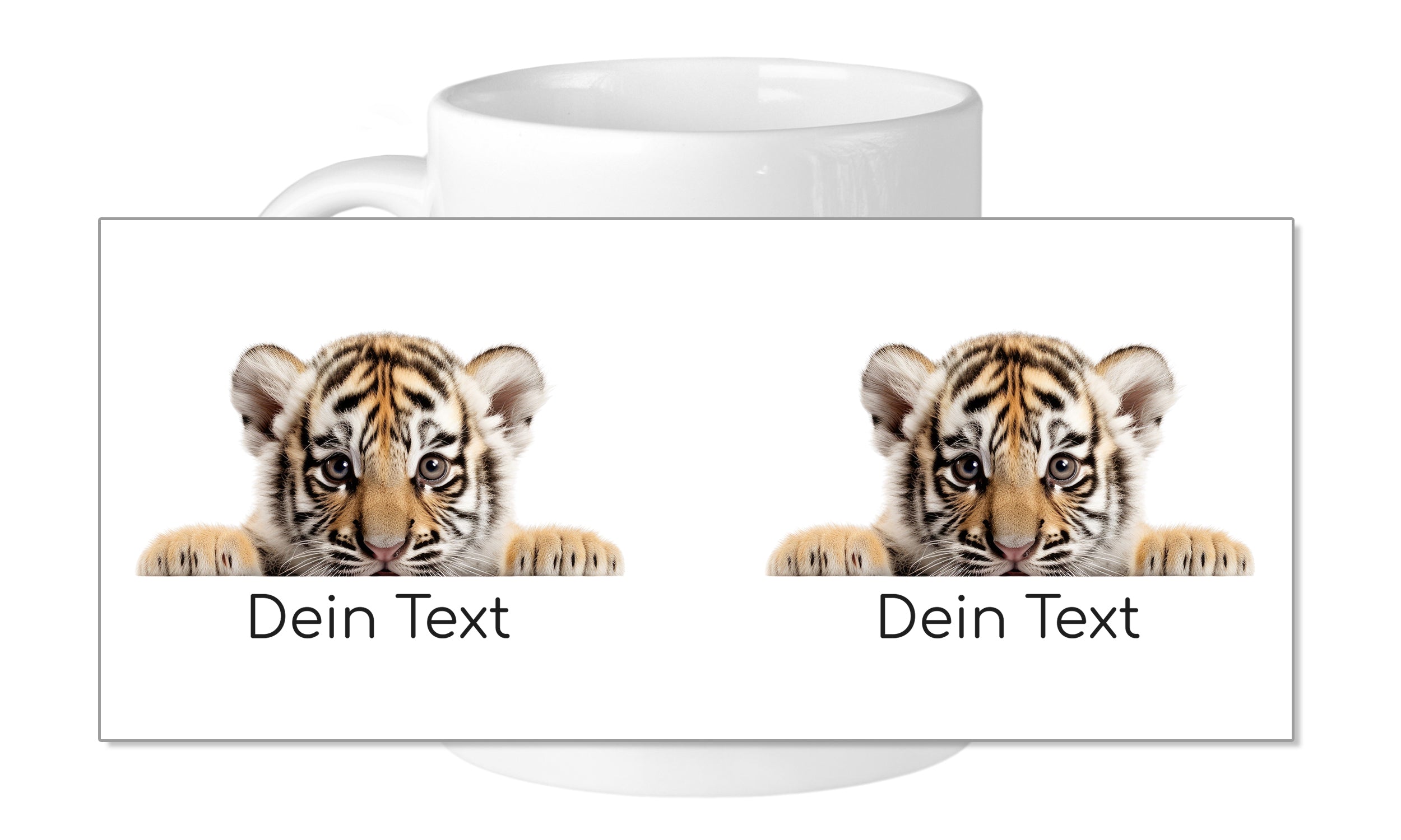 Weißer Becher mit zwei Tigerbabys und Text.