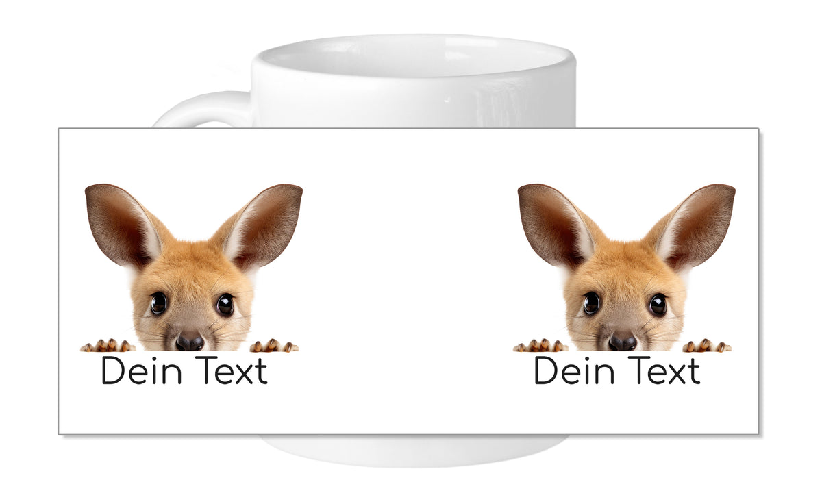 Kaffeetasse mit zwei süßen Känguru-Gesichtern.
