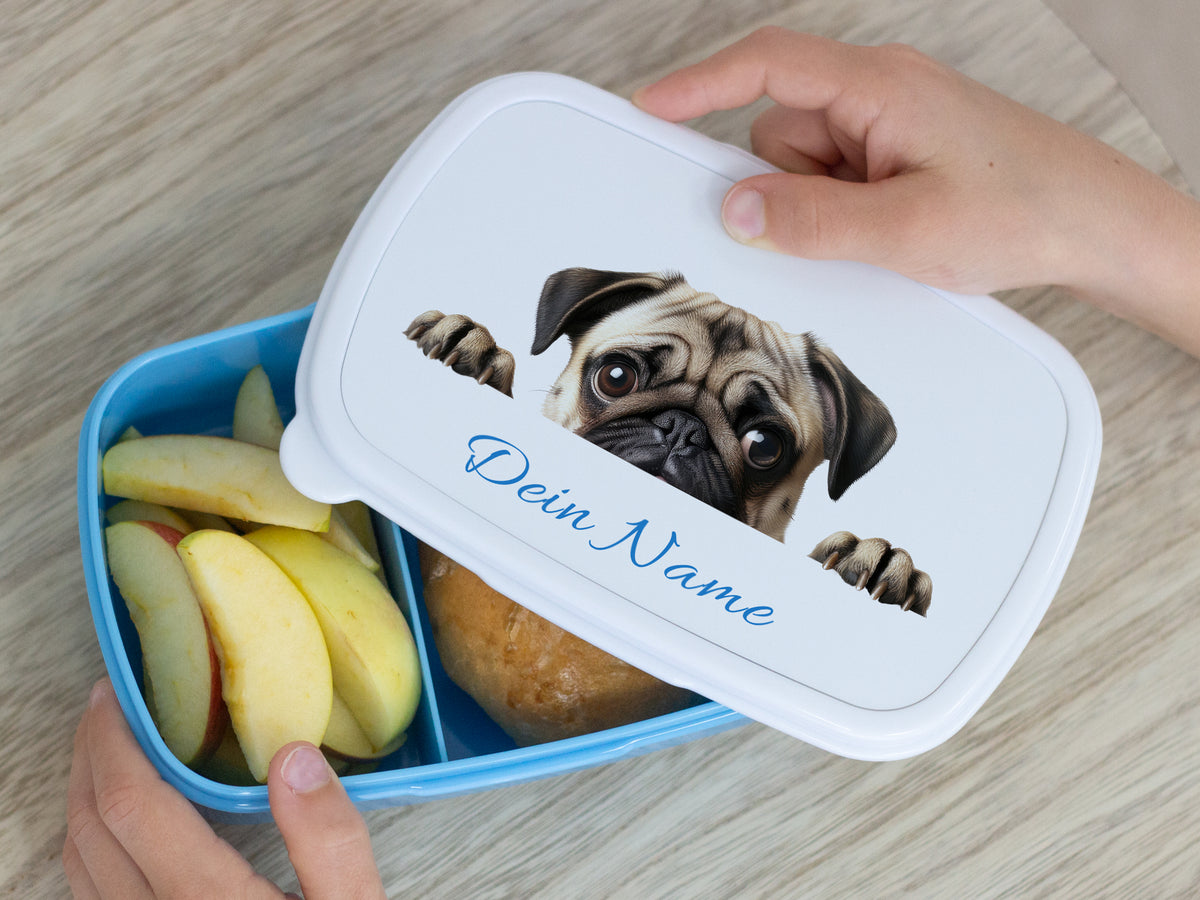 Blauer Lunchbox mit Pug-Motiv und personalisiertem Namen.