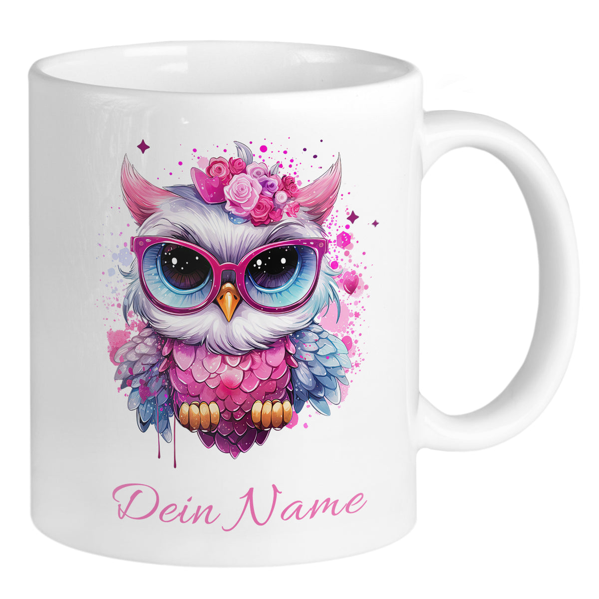 Weiße Tasse mit bunter Eule und personalisiertem Namen.
