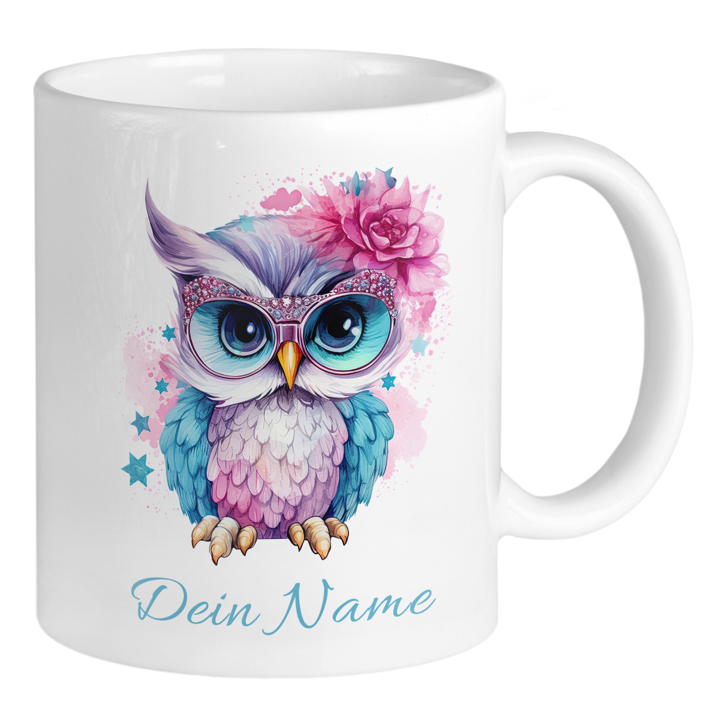 Tasse mit buntem Eulenmotiv und personalisierbarem Namen.