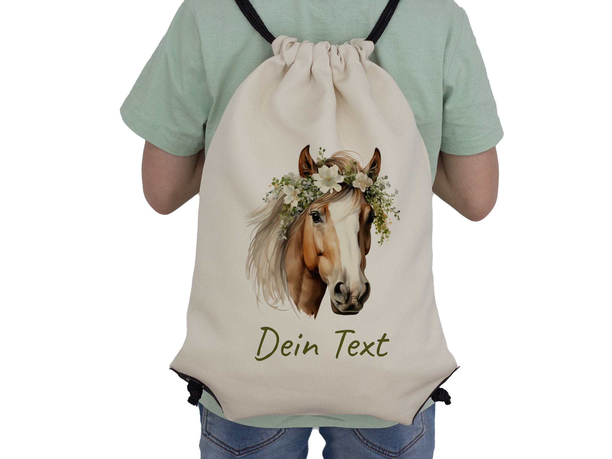 Beige Rucksack mit Pferdeillustration und personalisierbarem Text.