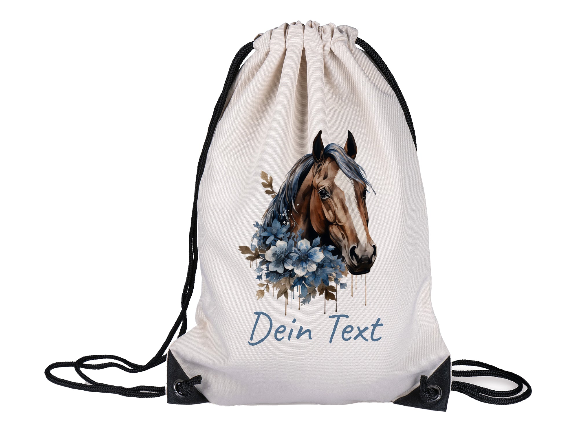 Beige Turnbeutel mit Pferdemotiv und blauen Blumen.