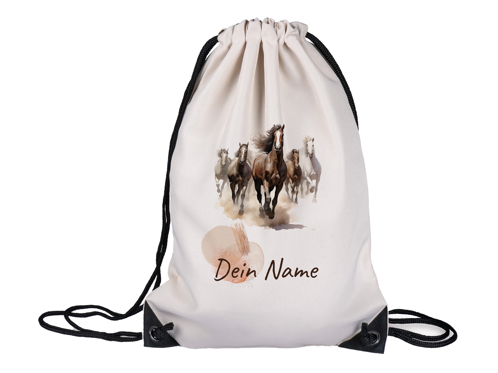 Beige Turnbeutel mit Pferdemotiv und personalisiertem Namen.