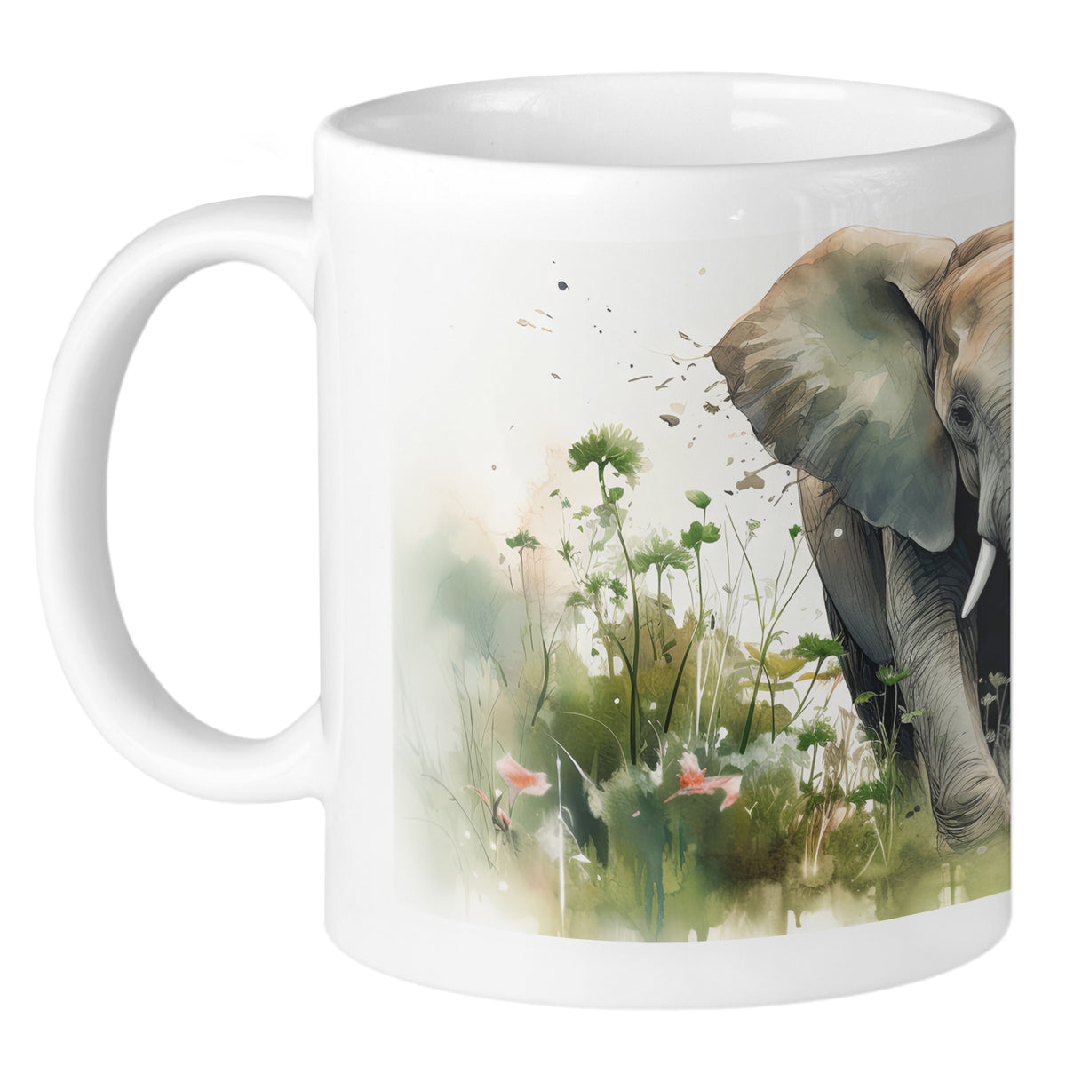 Weißer Becher mit Elefant und Blumenmotiv.