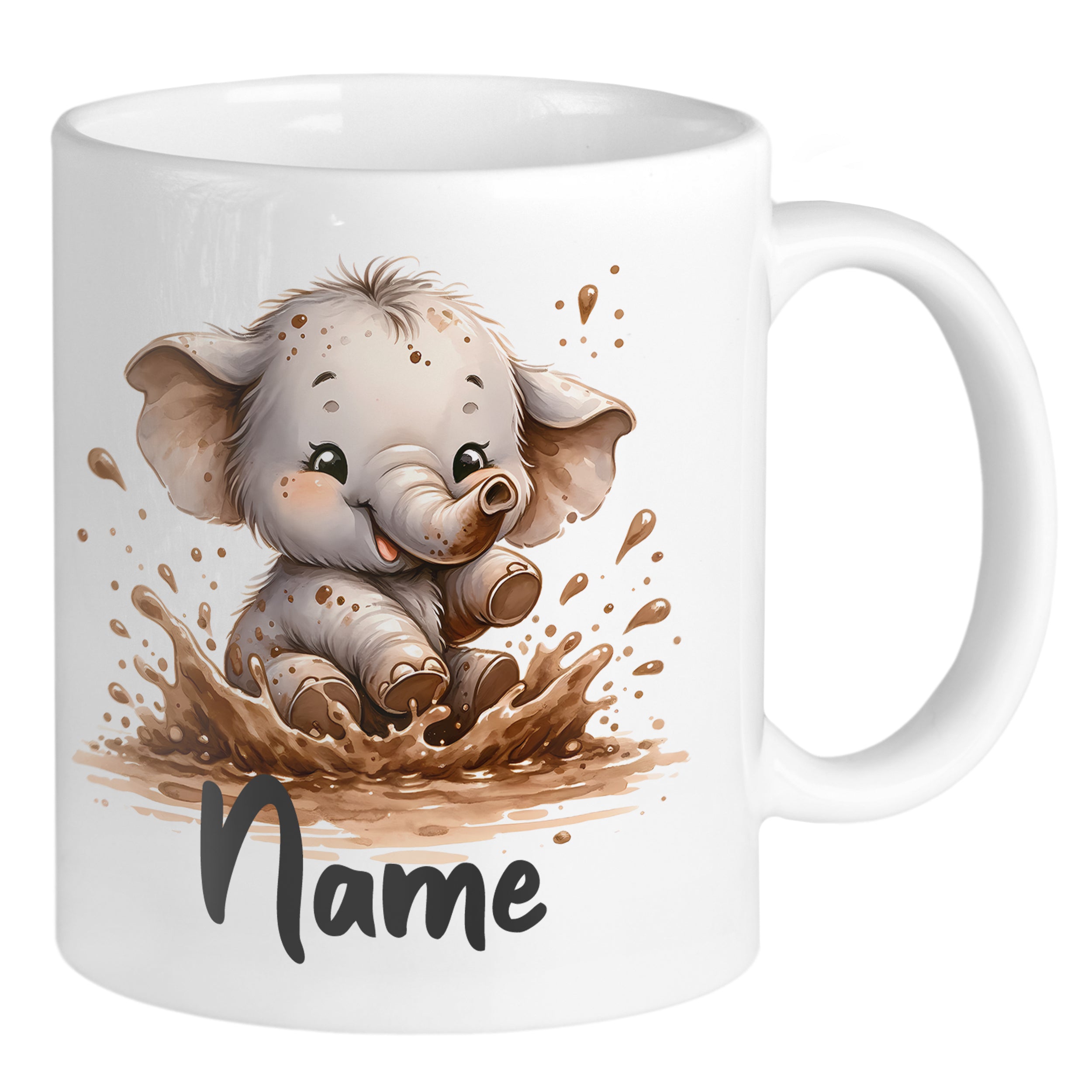 Tasse mit niedlichem Elefanten und personalisierbarem Namen.