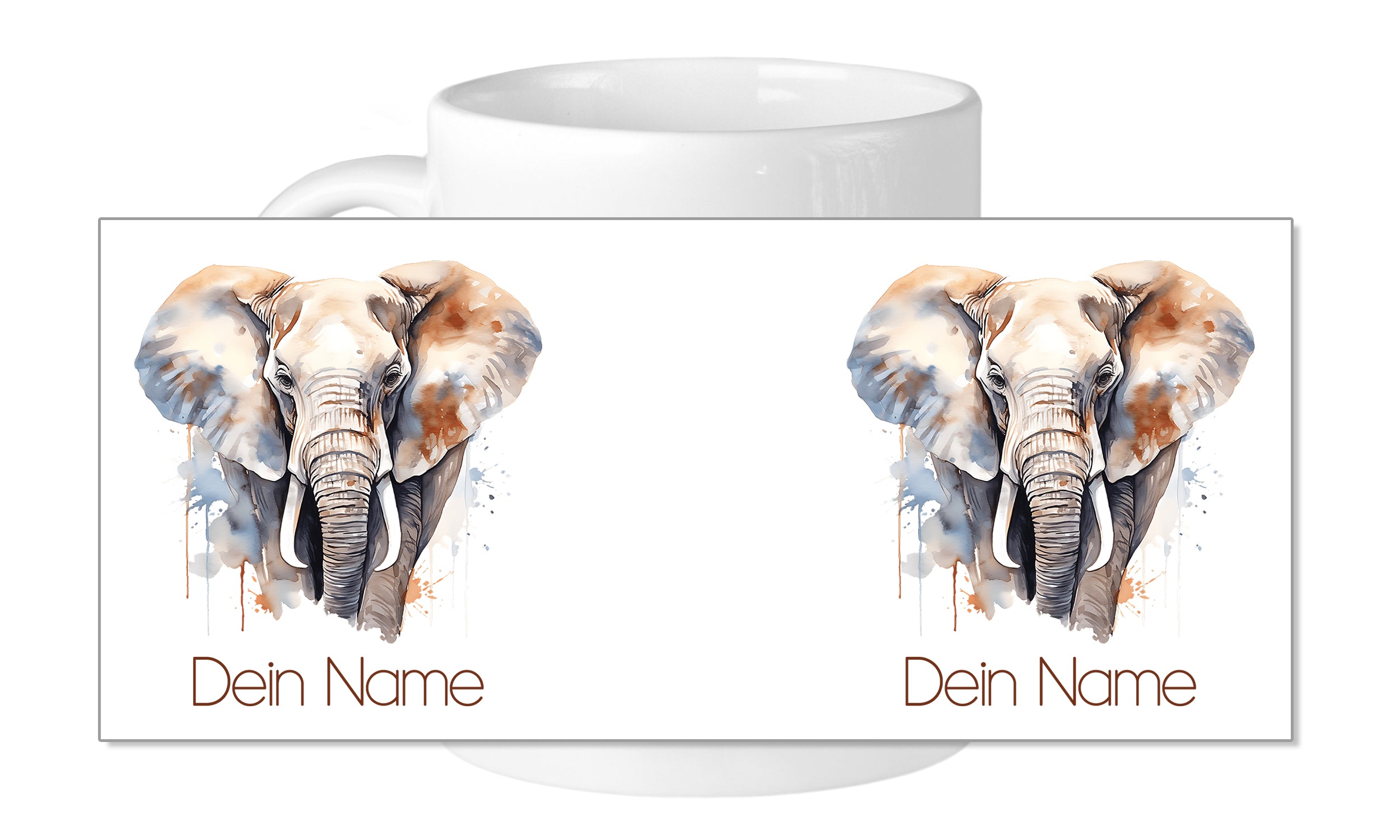 Weißer Becher mit Aquarell-Elefanten und personalisiertem Namen.