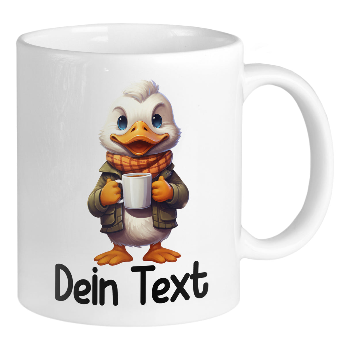 Kaffeetasse mit cartoonhaftem Enten-Design und persönlichem Text.