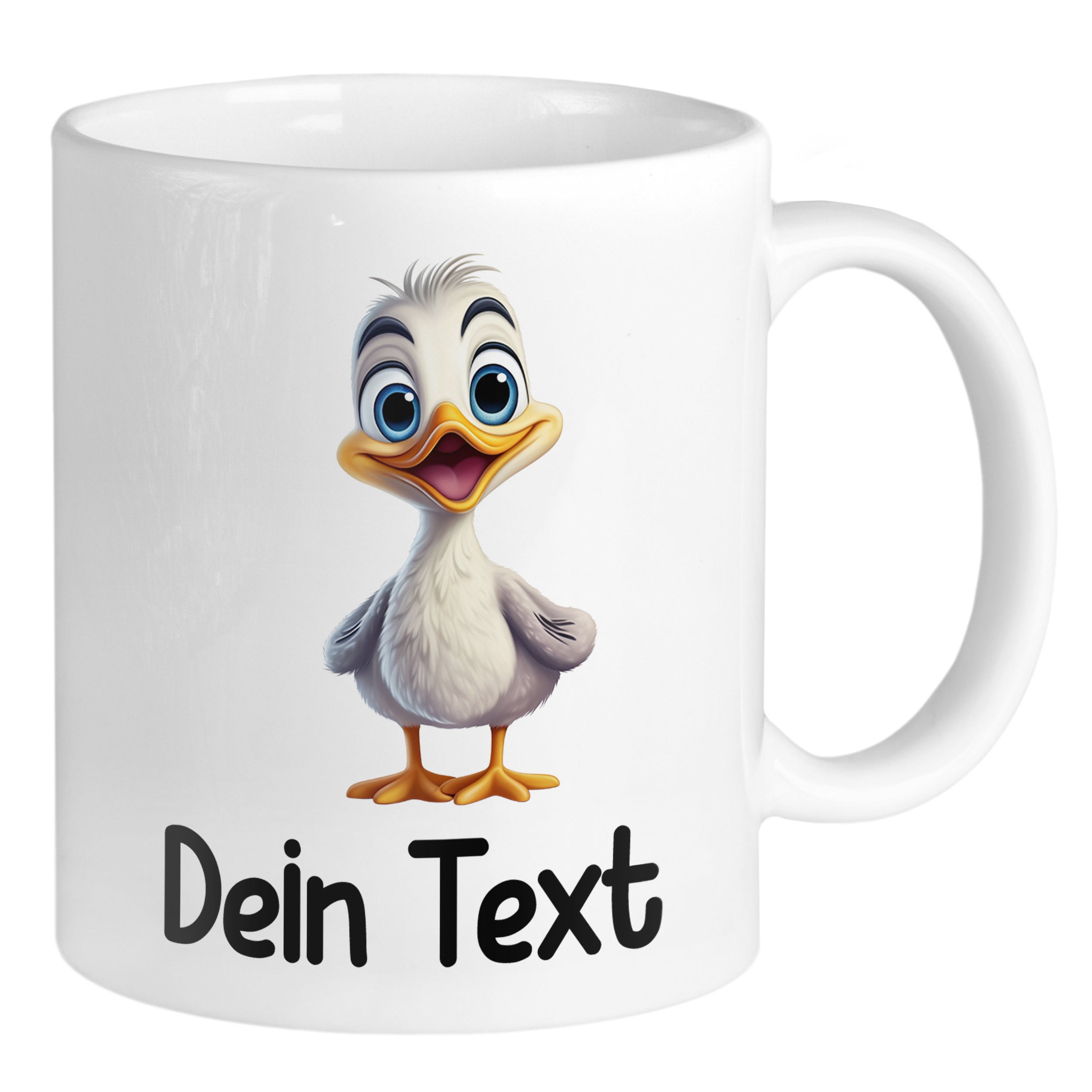 Weißer Becher mit lustigem Entenküken und personalisiertem Text.