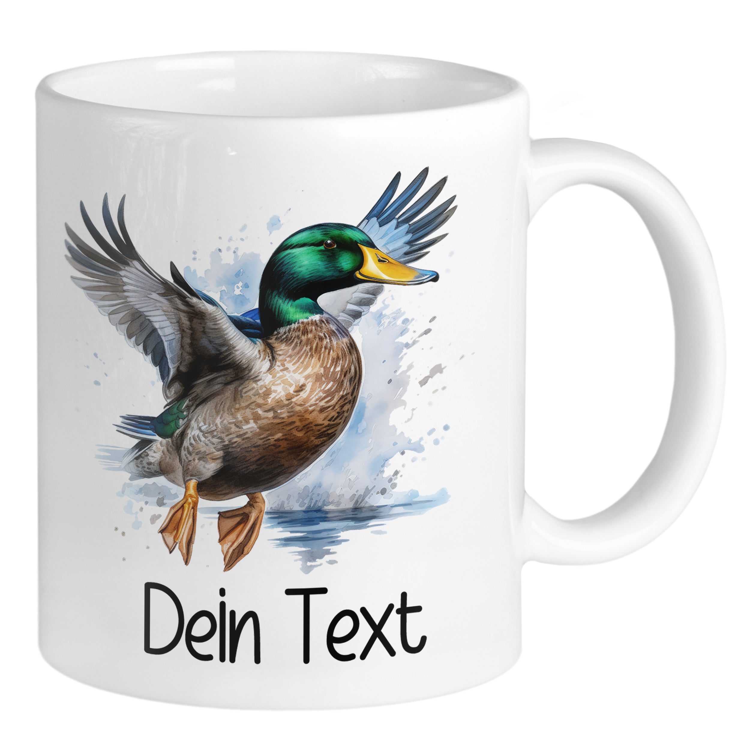 Tasse mit fliegender Ente und personalisiertem Text.